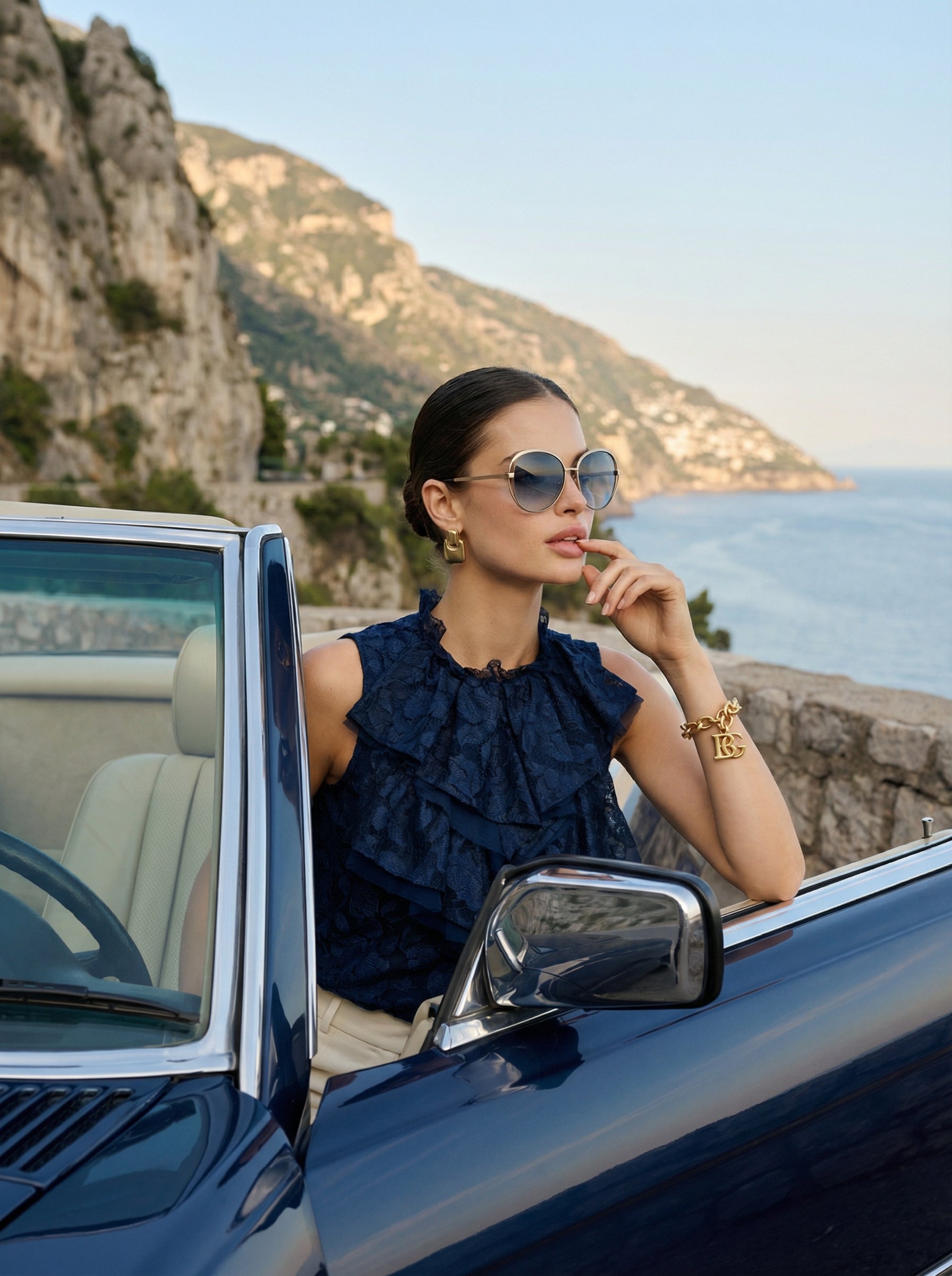 Navy Ruffled Lace Top