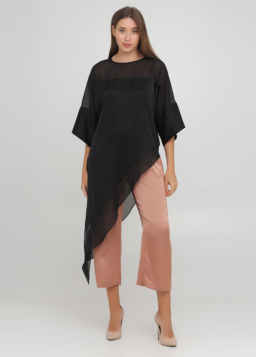Black Asymmetric Satin Tunic With Chiffon Panels