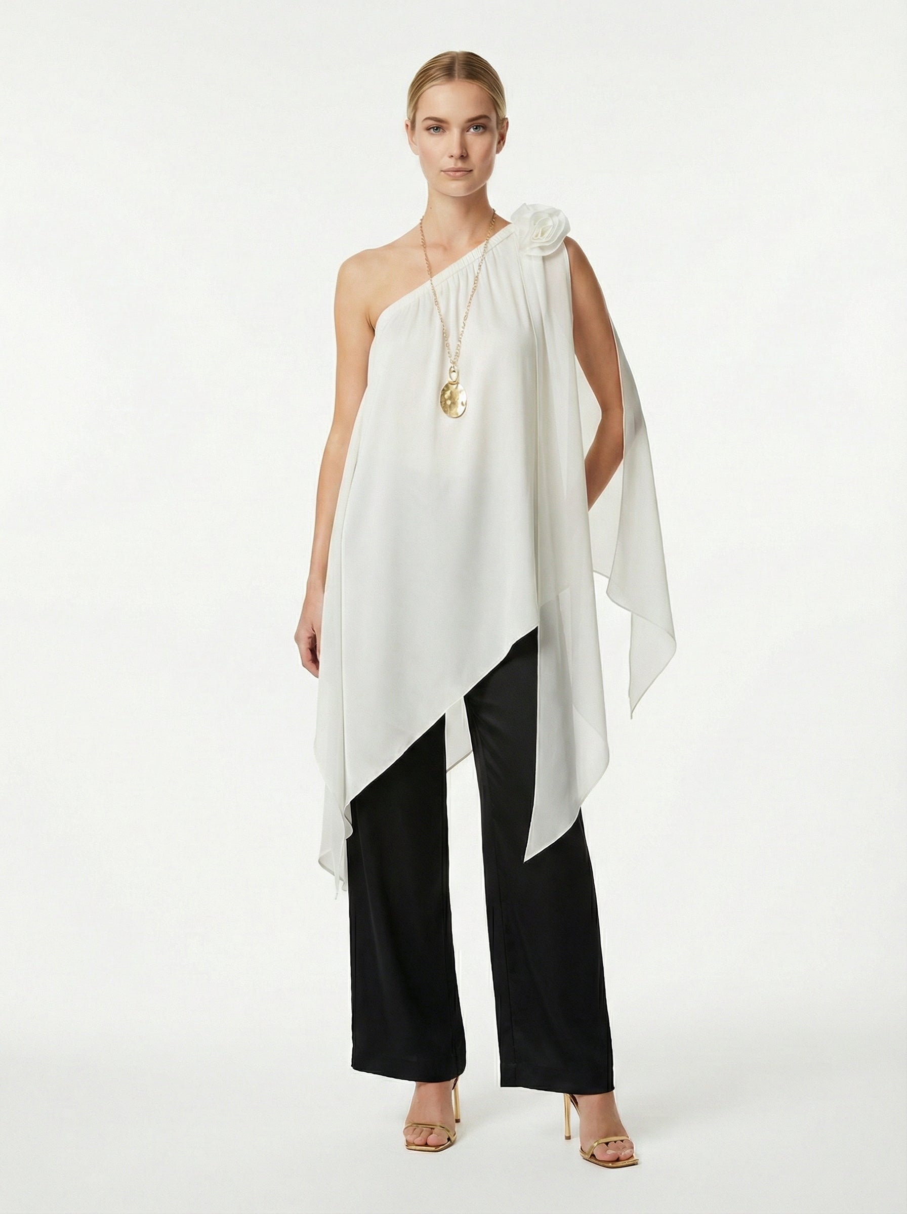 Ivory Asymmetric One-Shoulder Satin Top With Chiffon Panels