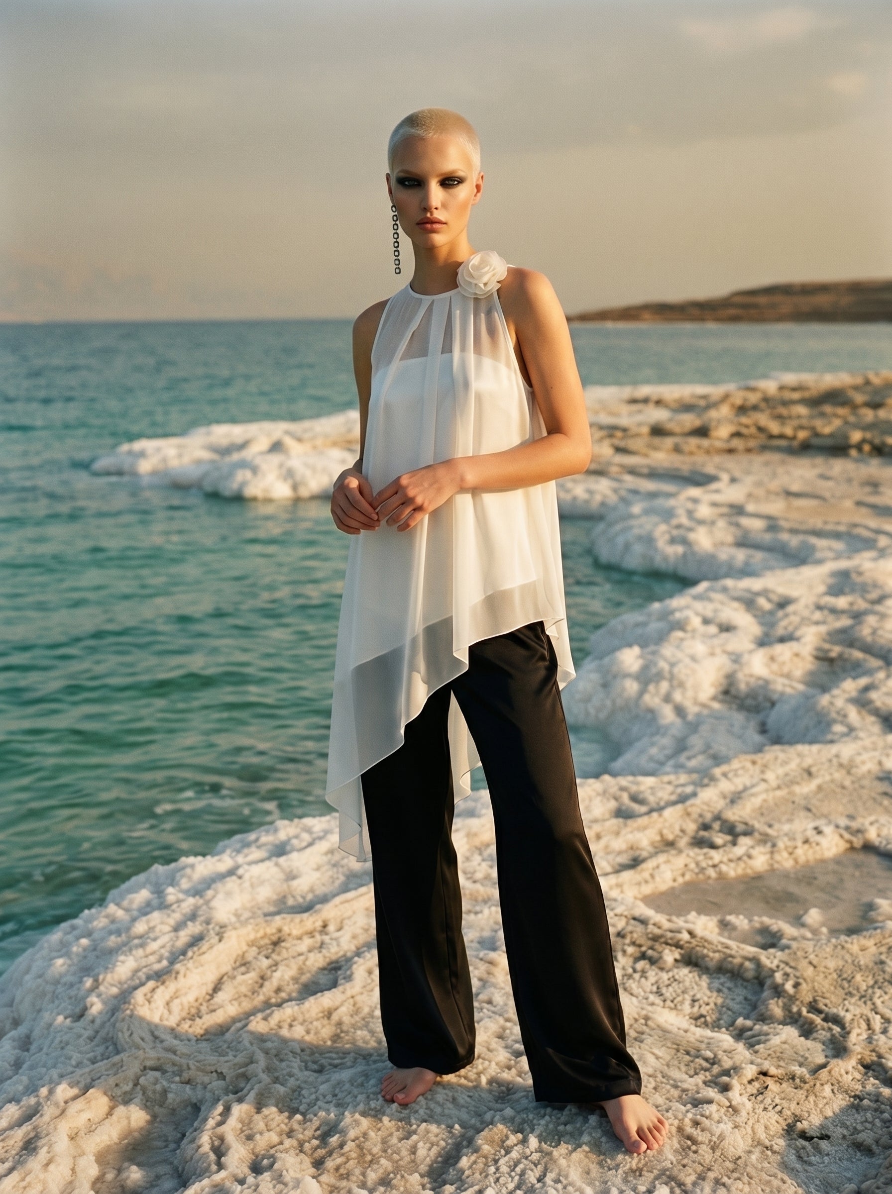 Two-Piece Asymmetrical Satin And Chiffon Top