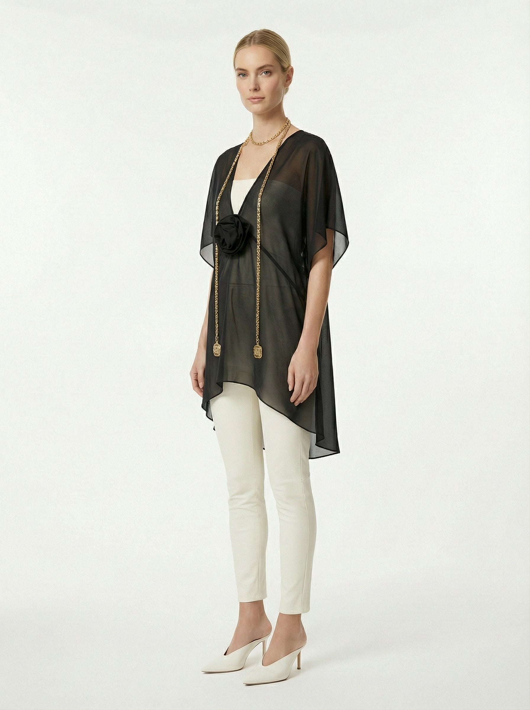 Black Sheer Chiffon High-Low Top With Rosette