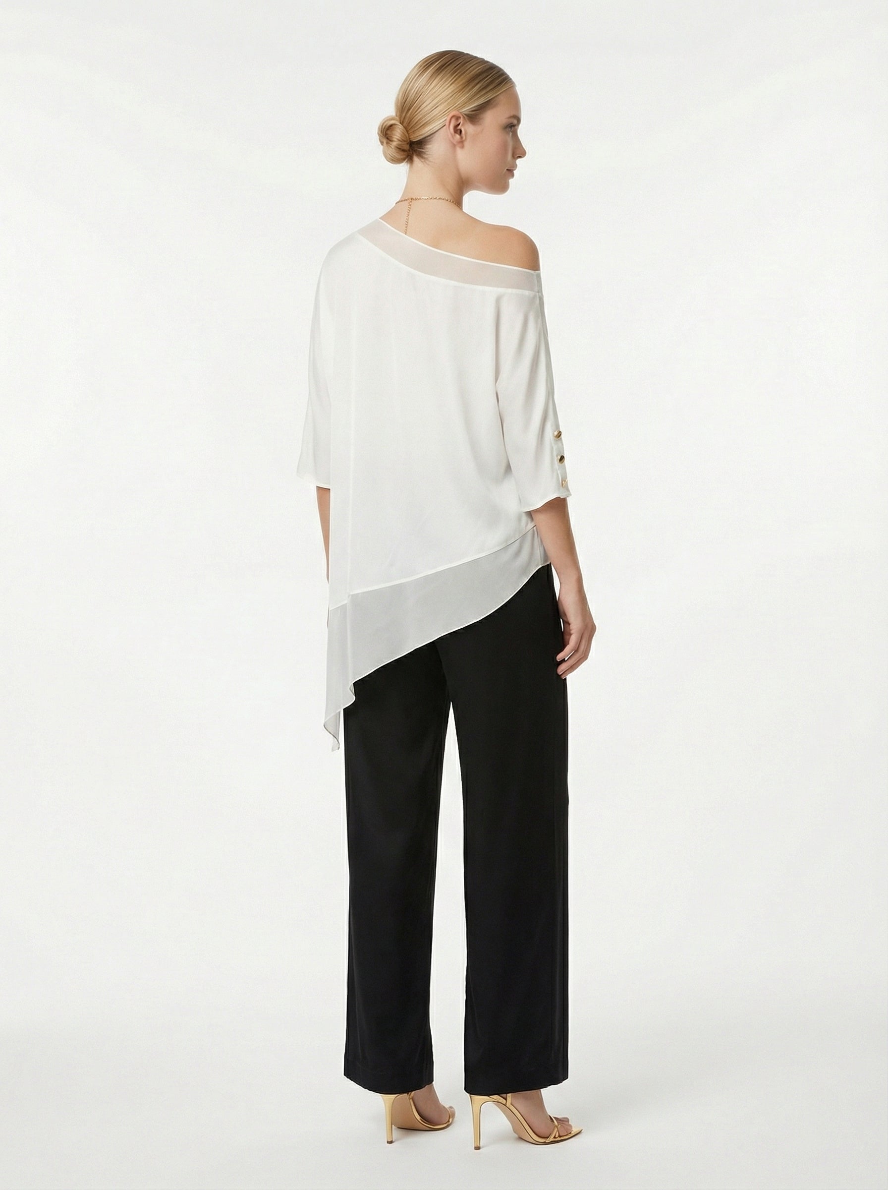 Ivory Asymmetric Satin Top With Chiffon Trim