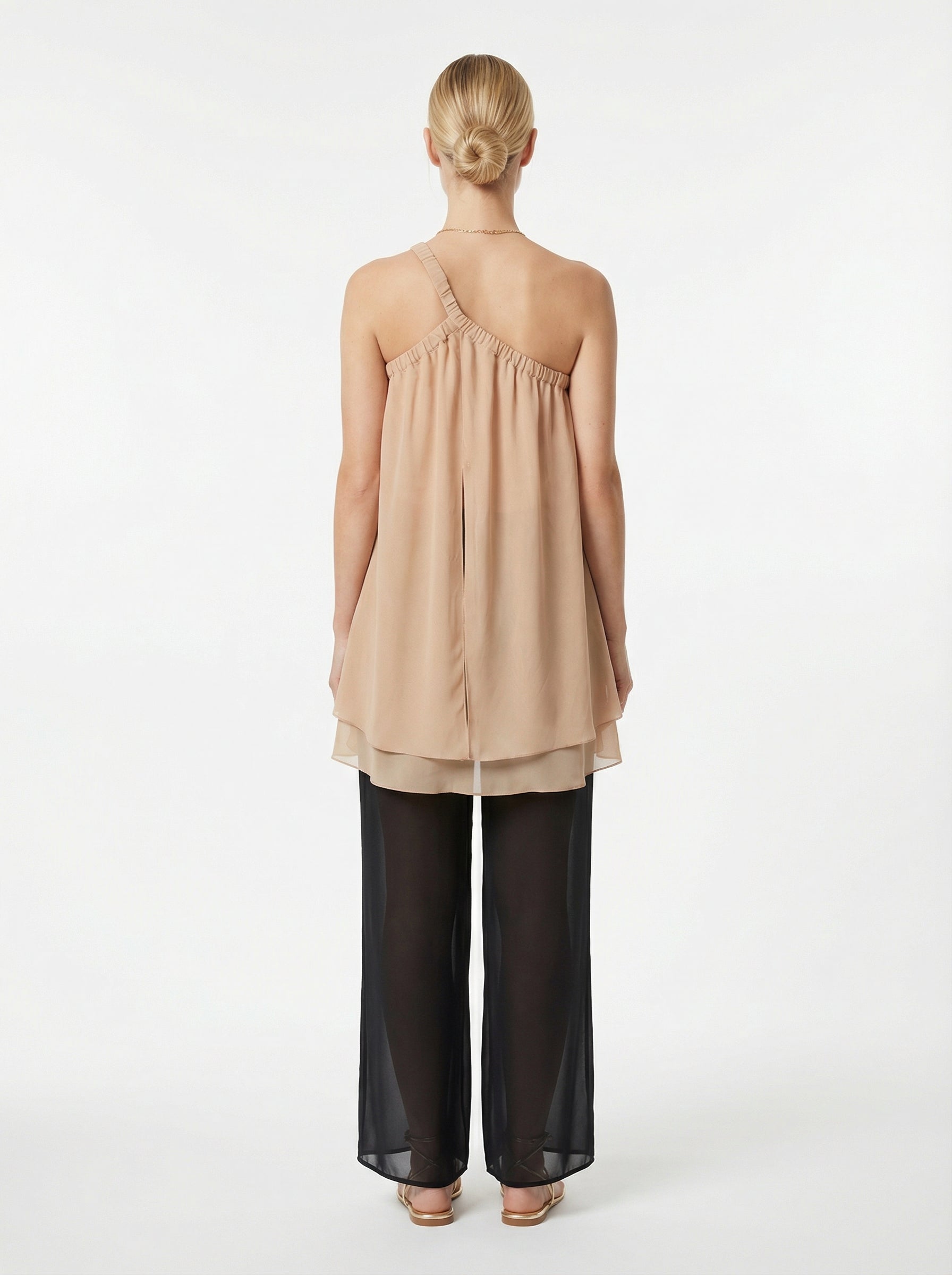 Beige Asymmetric Chiffon One-Shoulder Top With Rosettes