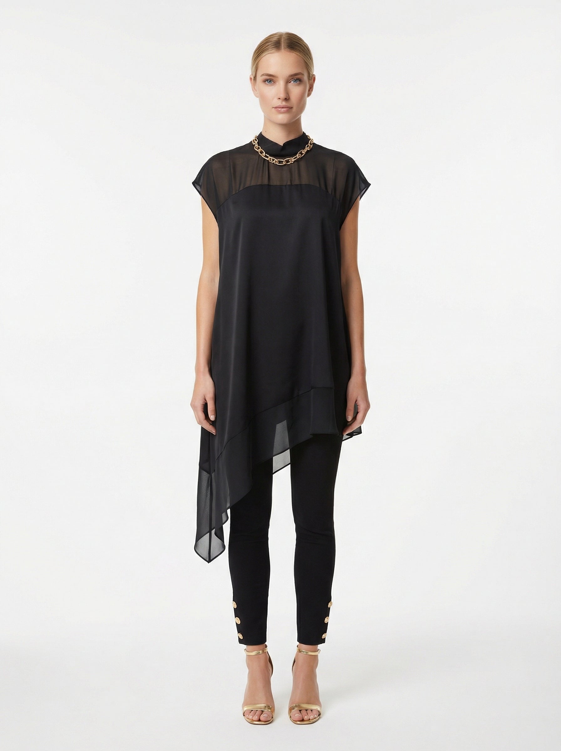 Black Asymmetric Satin Top With Sheer Chiffon Yoke