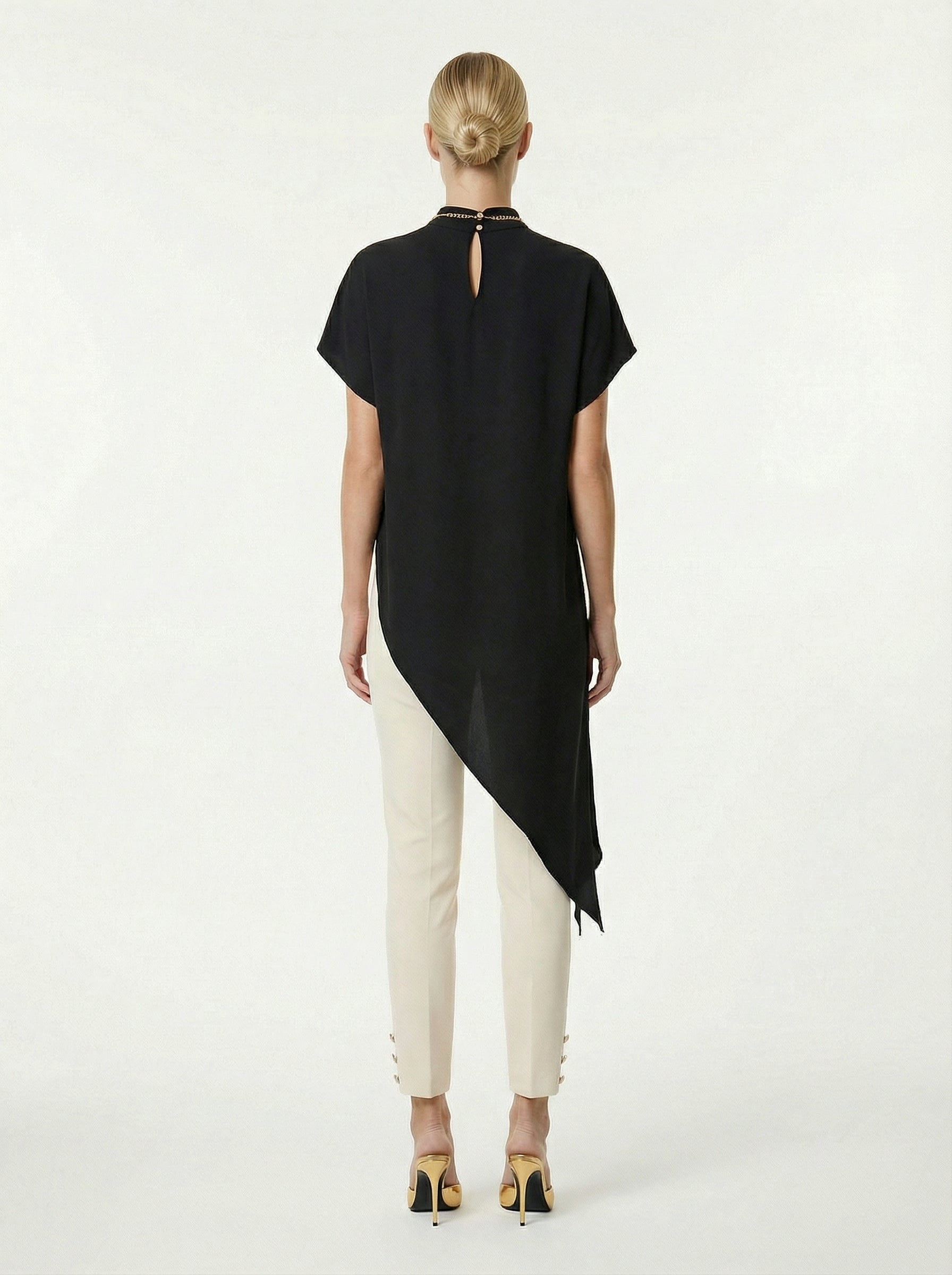 Black Asymmetric Satin Top With Stand Collar