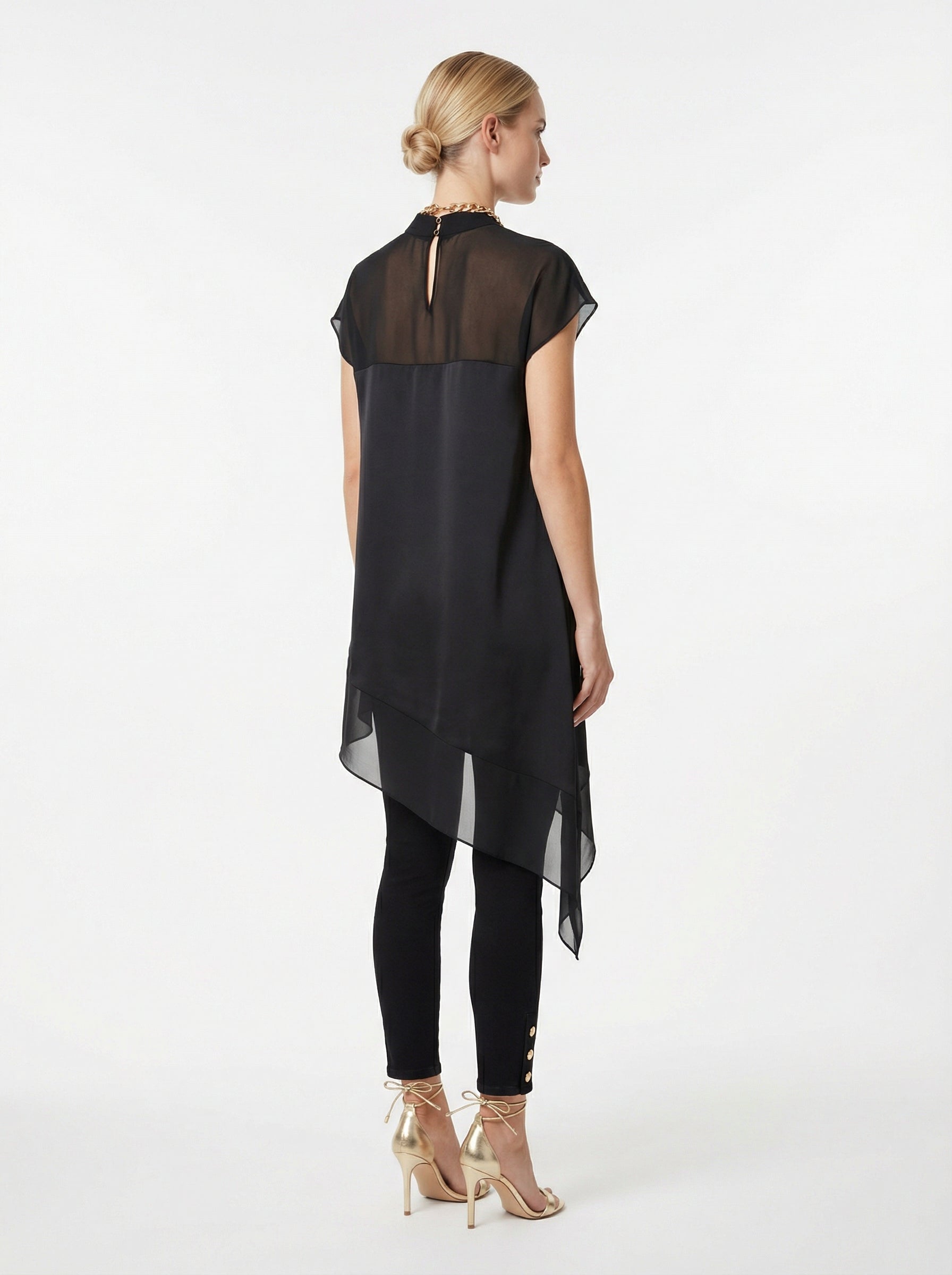 Black Asymmetric Satin Top With Sheer Chiffon Yoke