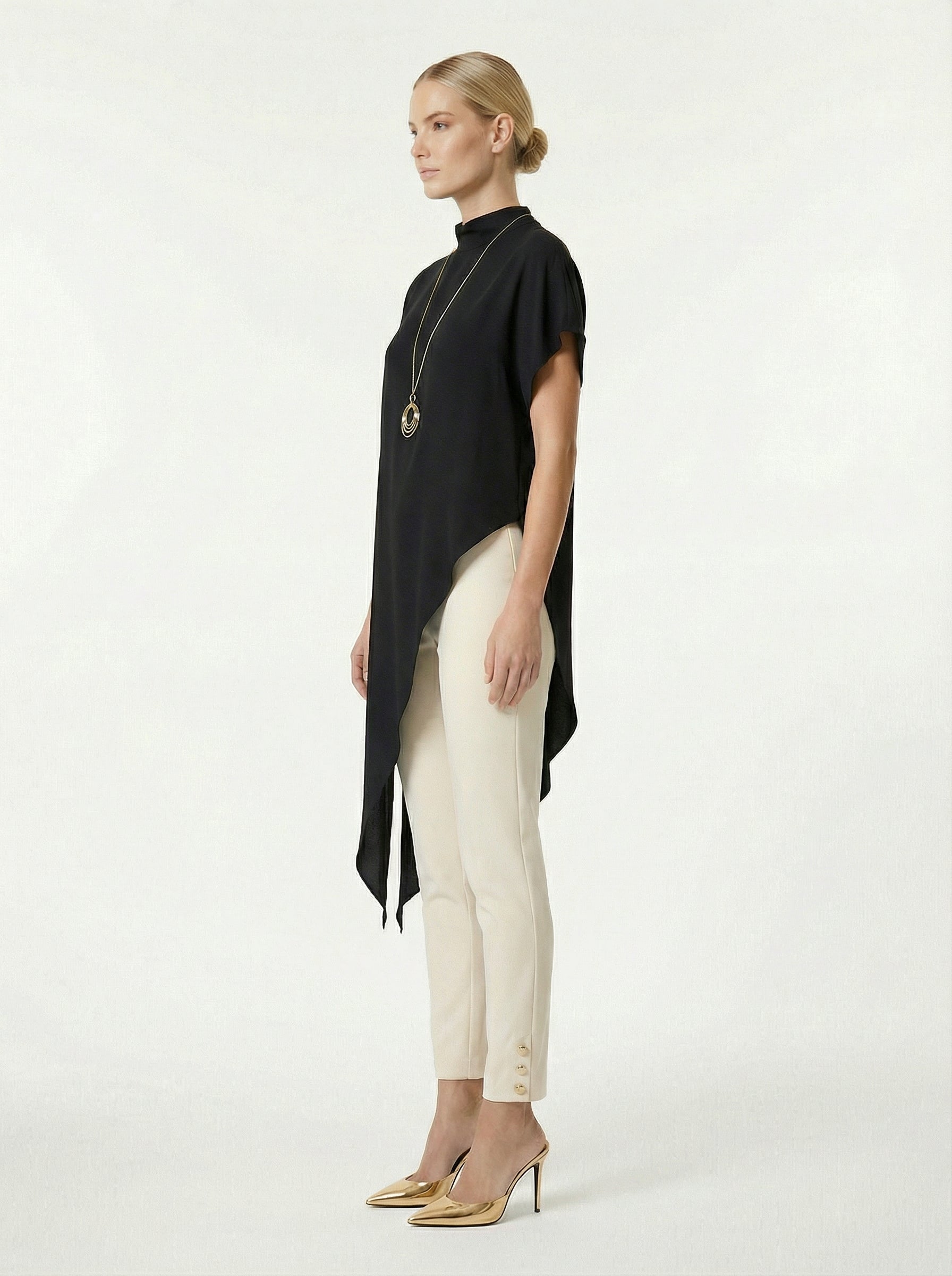 Black Asymmetric Satin Top With Stand Collar