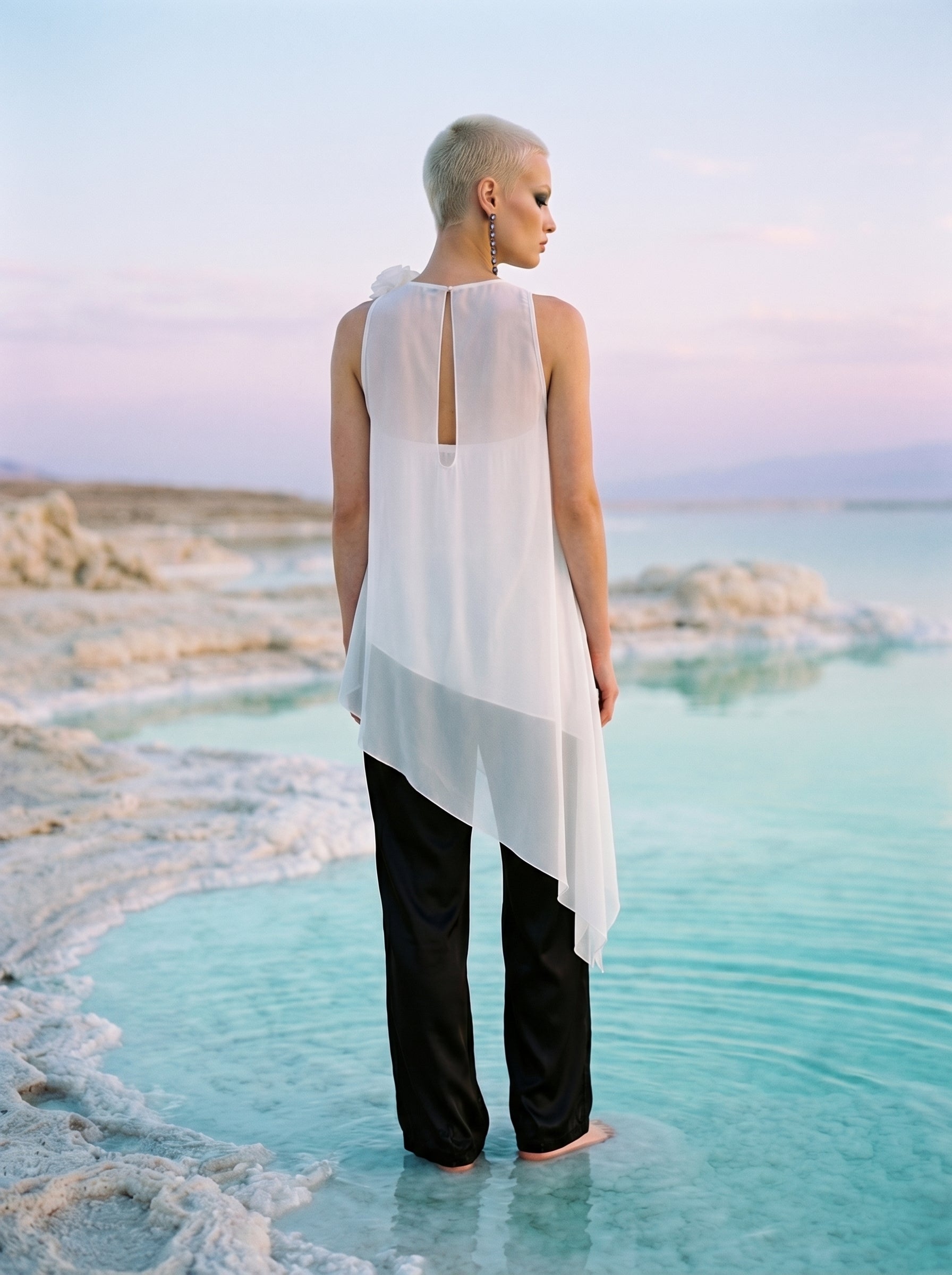 Two-Piece Asymmetrical Satin And Chiffon Top