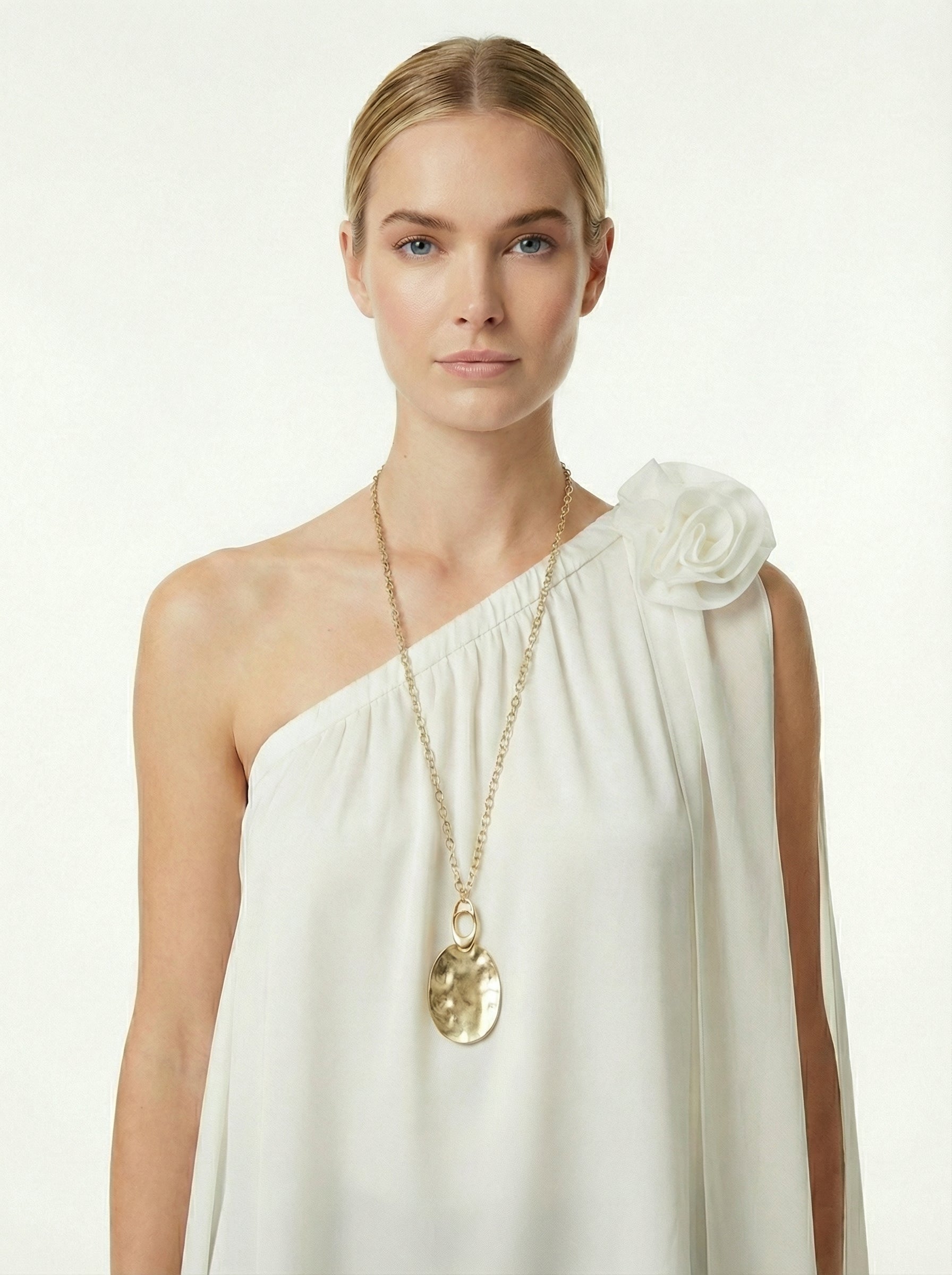 Ivory Asymmetric One-Shoulder Satin Top With Chiffon Panels