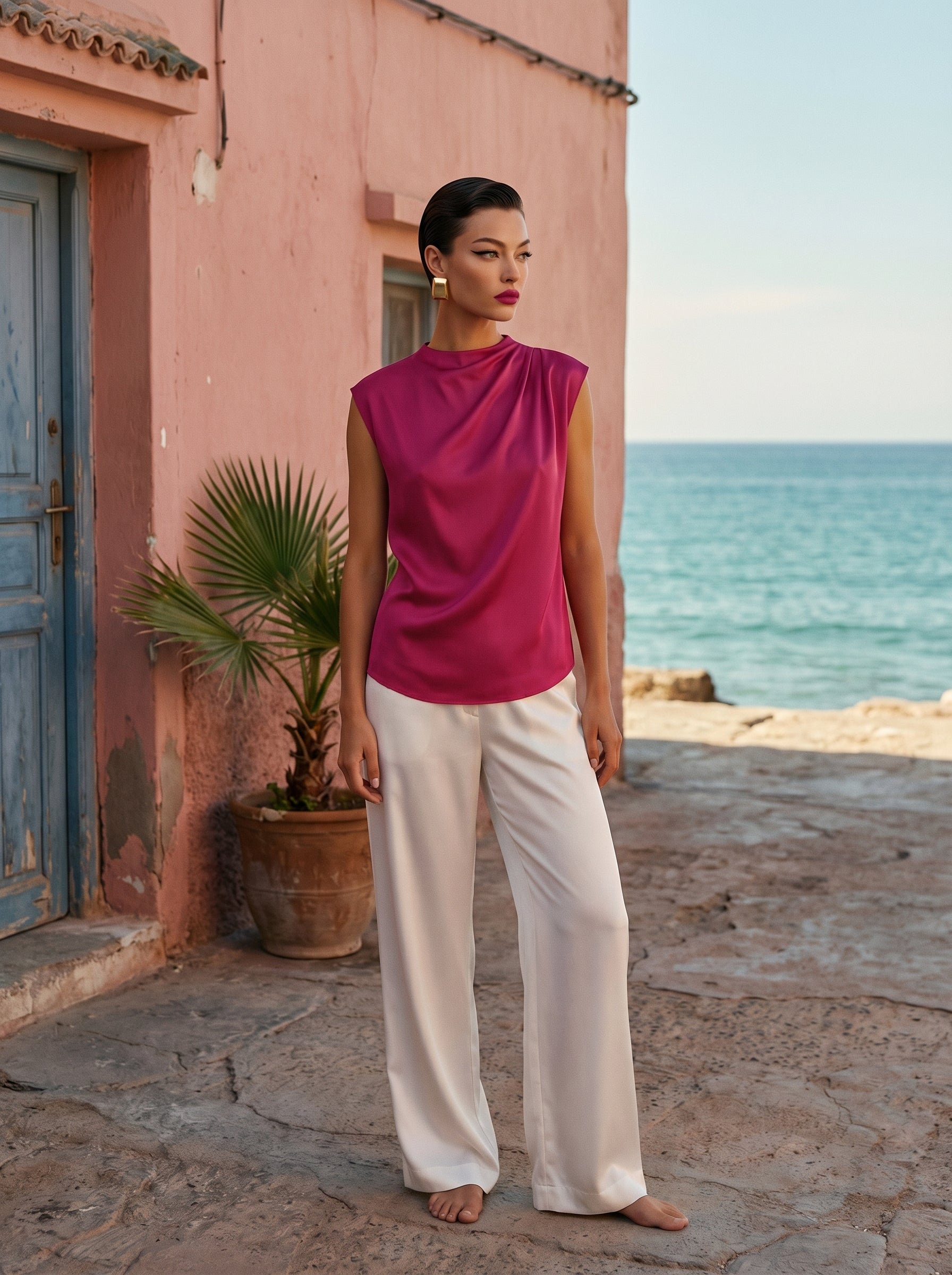 Satin Top With Elegant Shoulder Draping