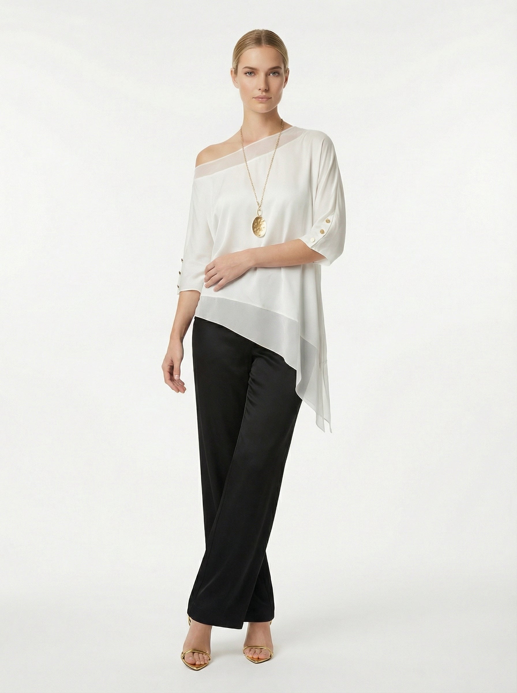 Ivory Asymmetric Satin Top With Chiffon Trim