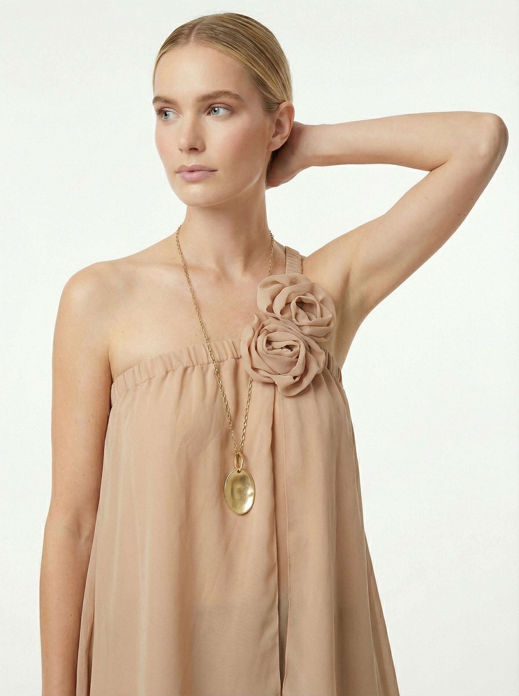Beige Asymmetric Chiffon One-Shoulder Top With Rosettes