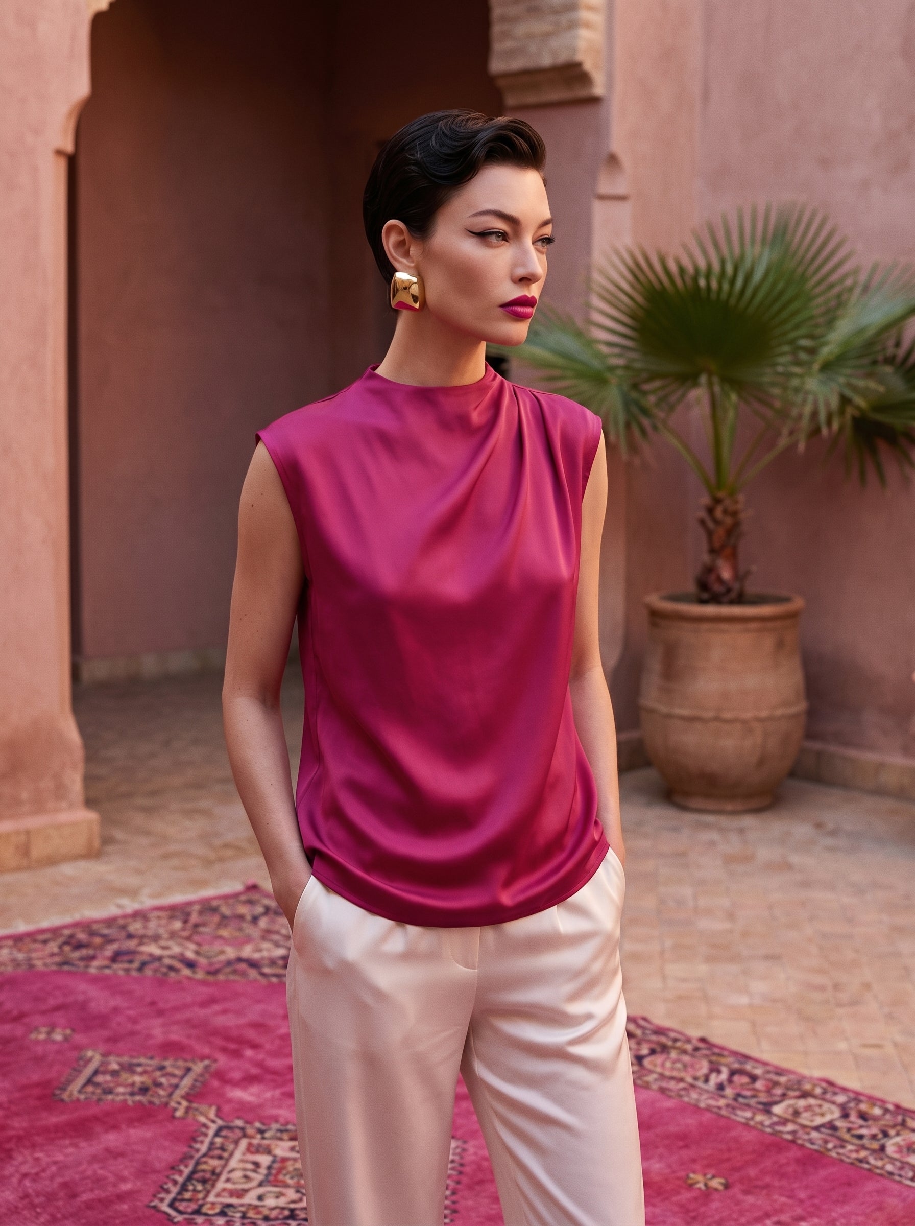 Satin Top With Elegant Shoulder Draping