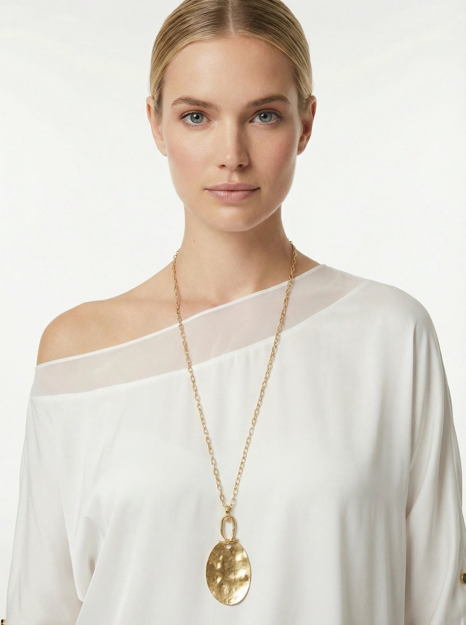Ivory Asymmetric Satin Top With Chiffon Trim