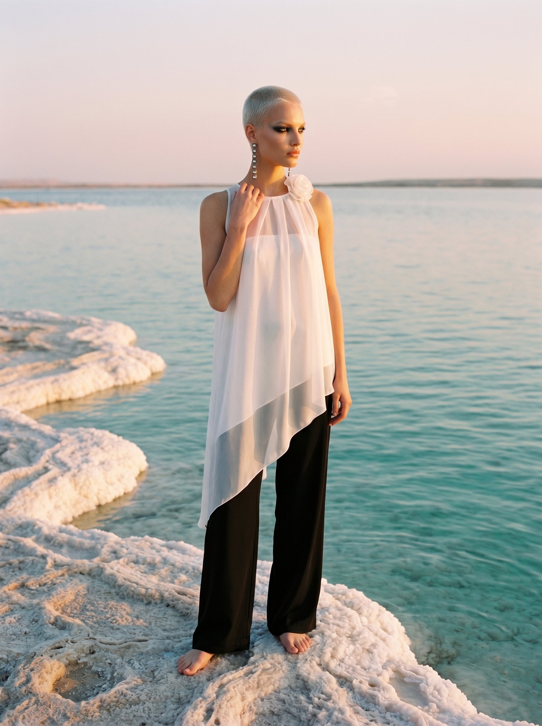 Two-Piece Asymmetrical Satin And Chiffon Top
