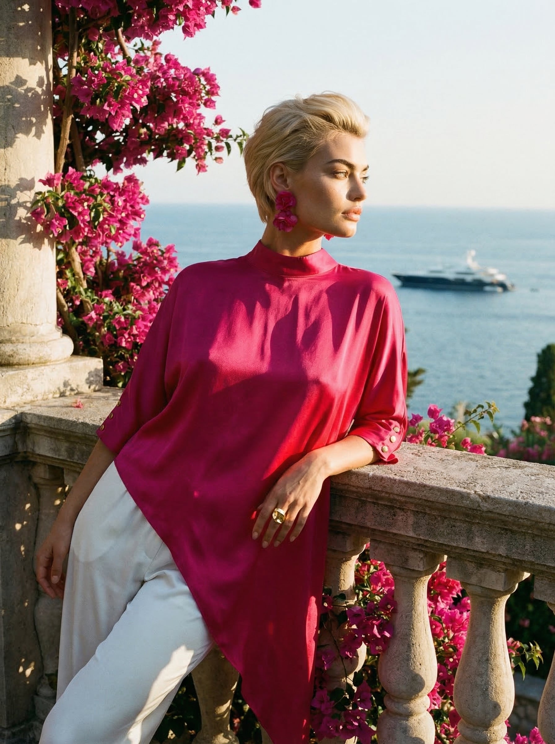 Fuchsia Asymmetric Satin Top With Keyhole Back