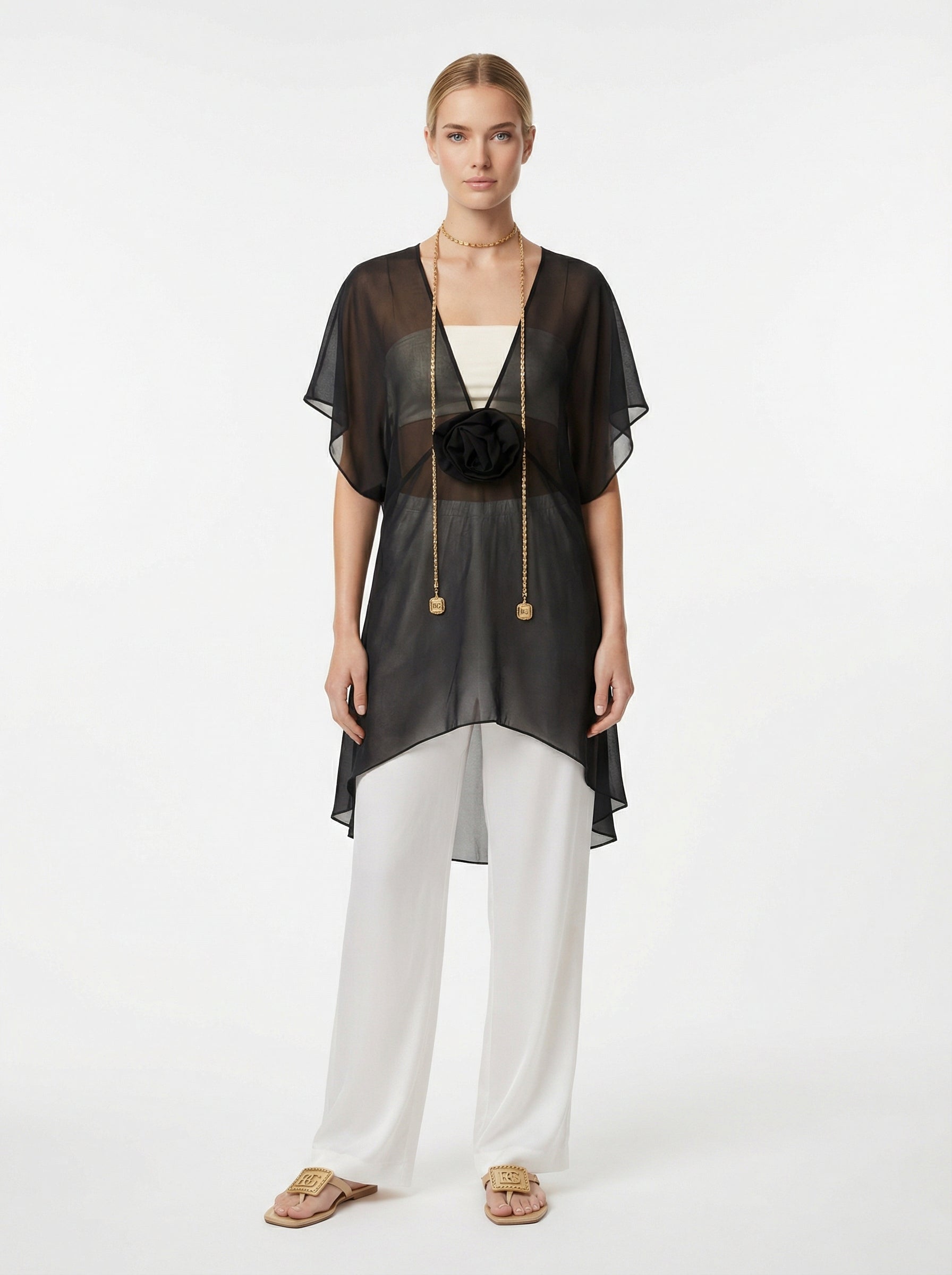Black Sheer Chiffon High-Low Top With Rosette