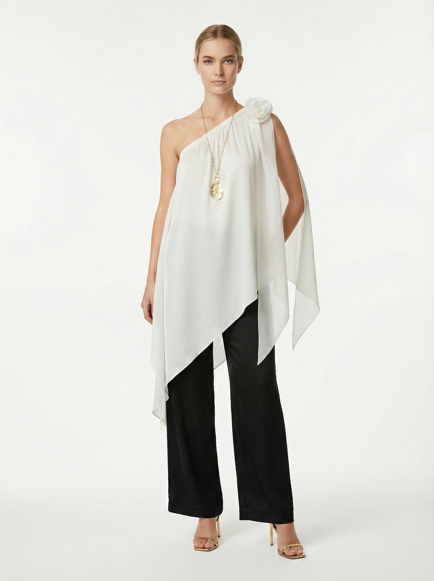 Ivory Asymmetric One-Shoulder Satin Top With Chiffon Panels