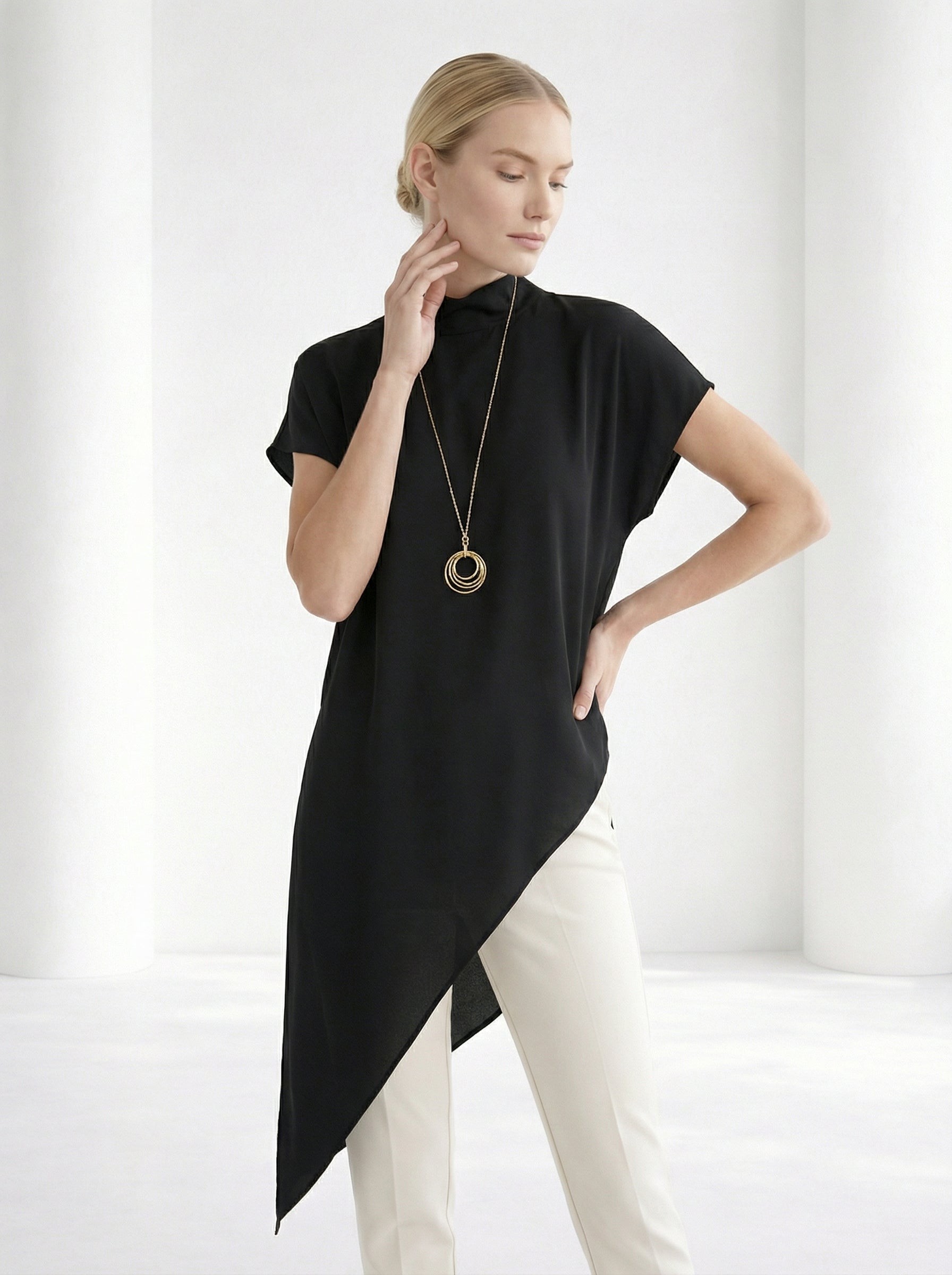Black Asymmetric Satin Top With Stand Collar