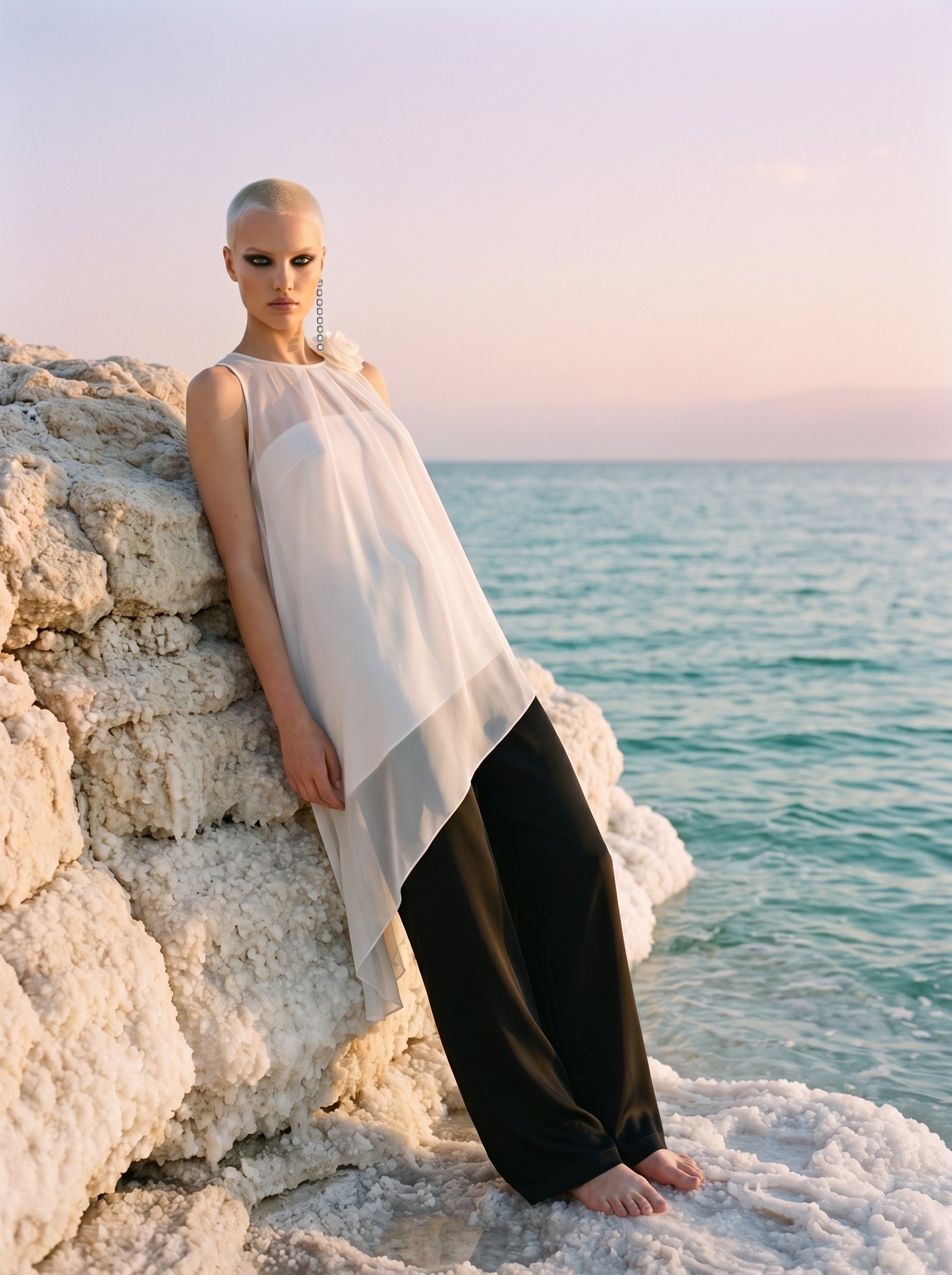 Two-Piece Asymmetrical Satin And Chiffon Top
