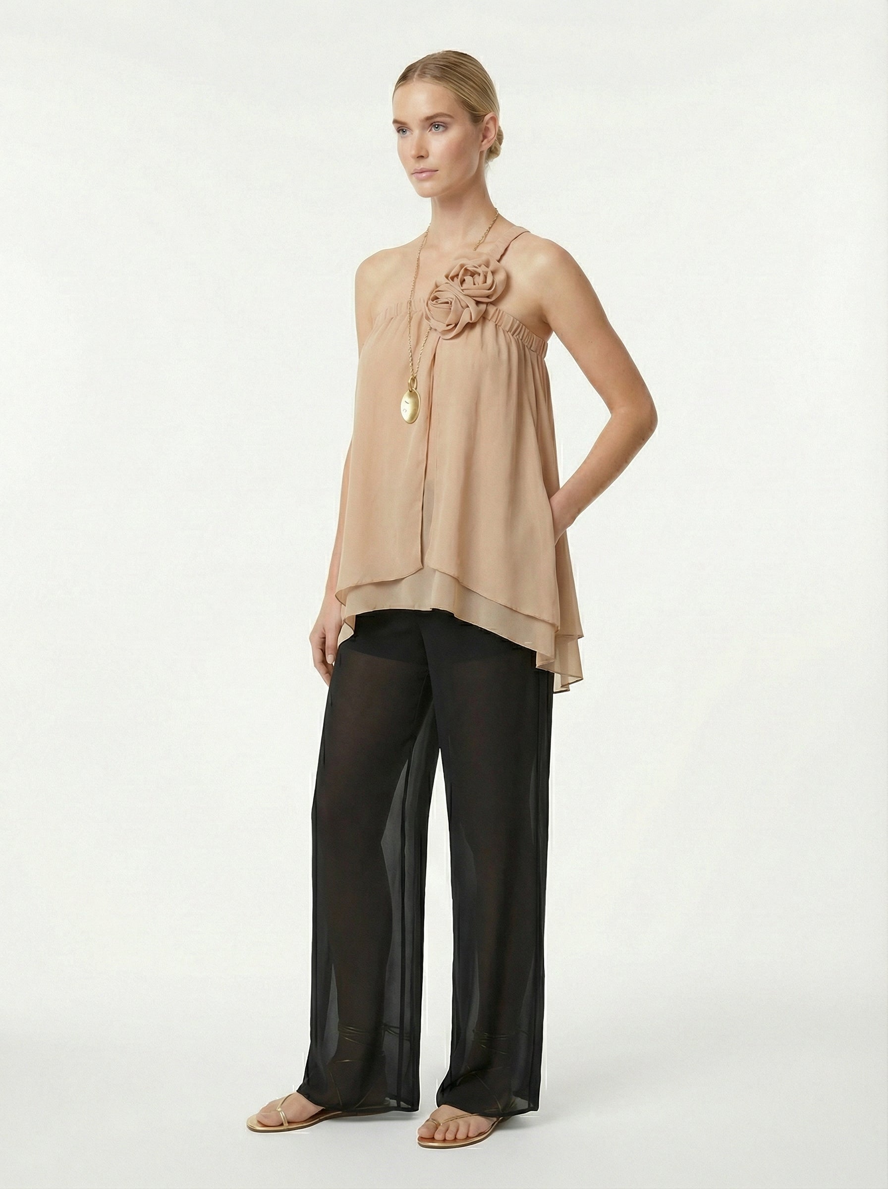Beige Asymmetric Chiffon One-Shoulder Top With Rosettes