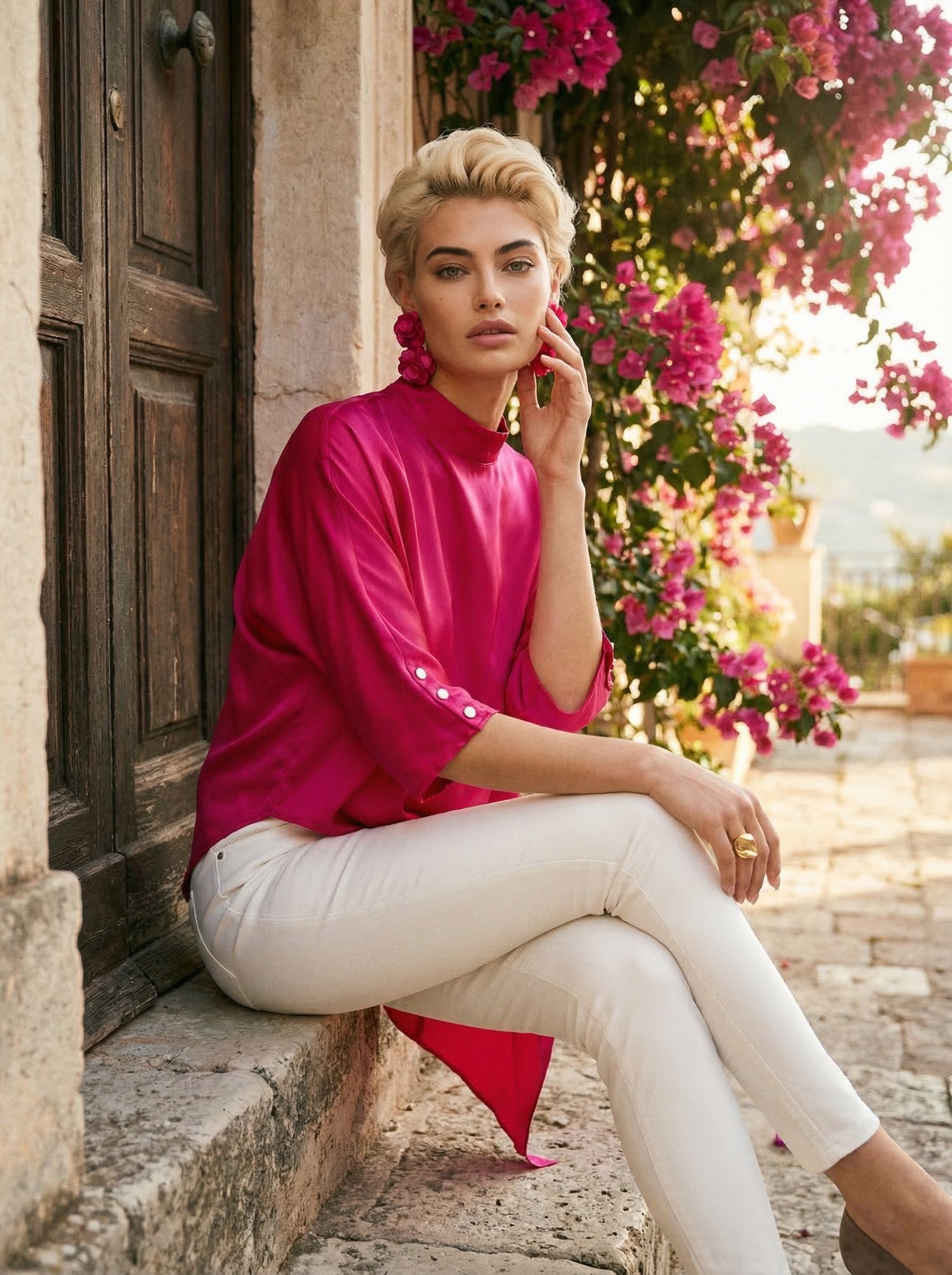 Fuchsia Asymmetric Satin Top With Keyhole Back