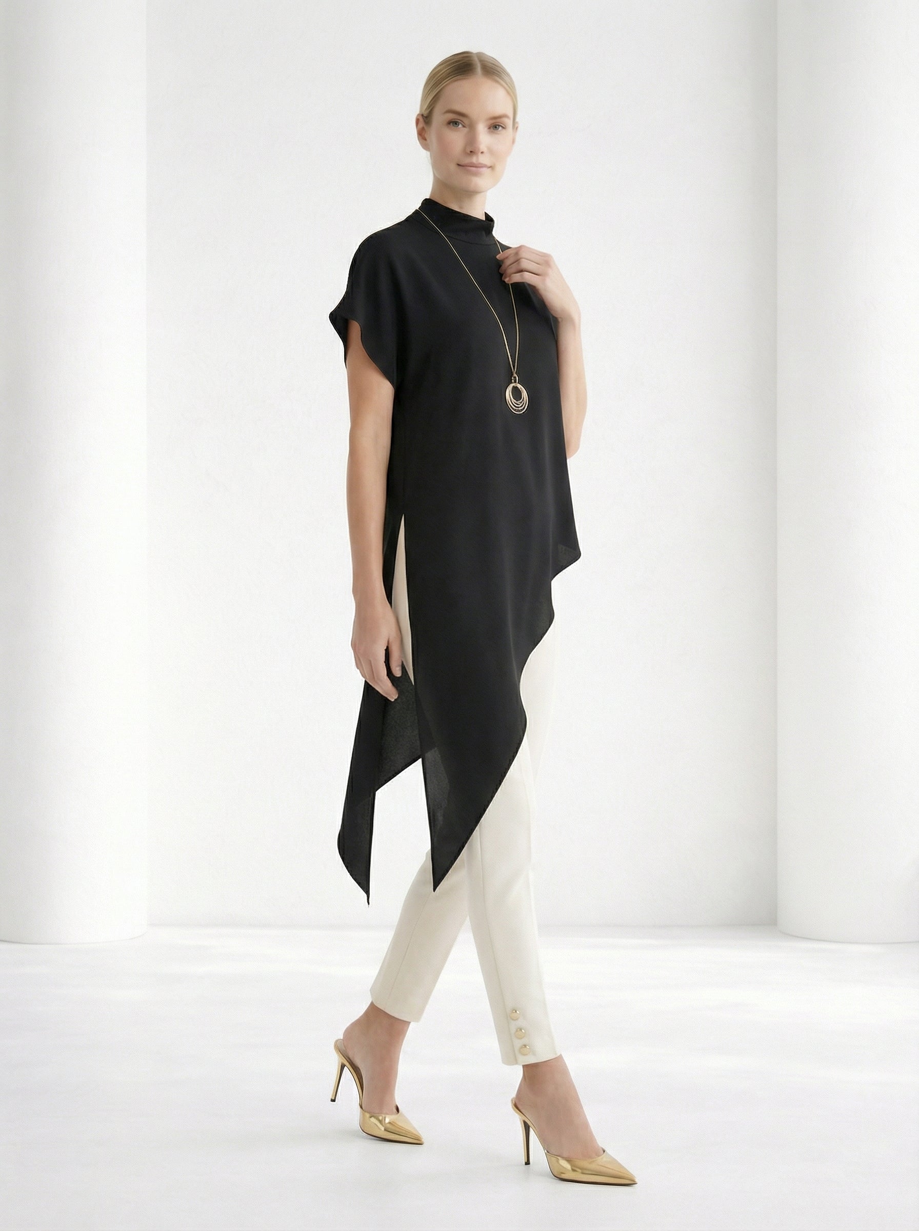 Black Asymmetric Satin Top With Stand Collar