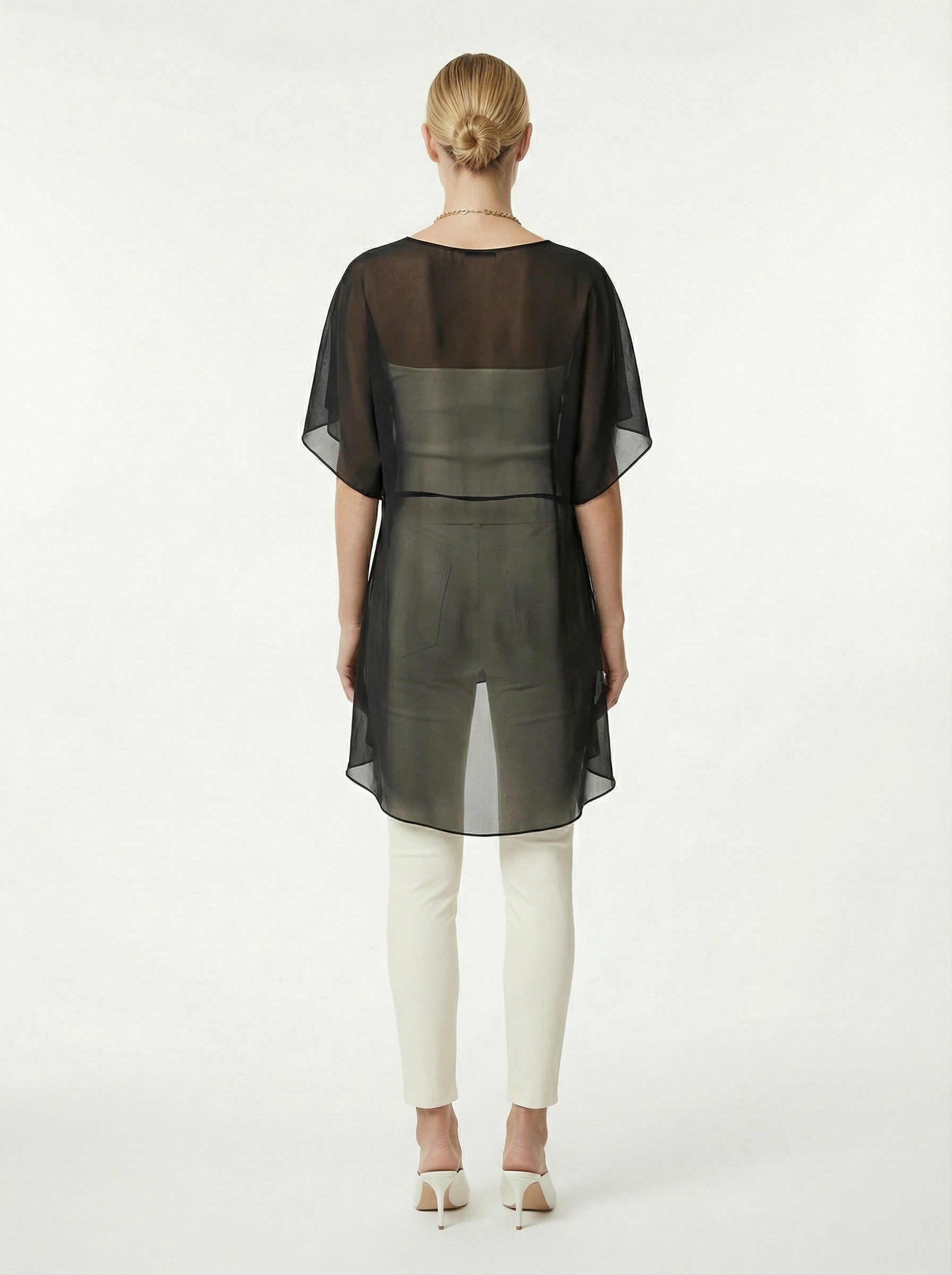 Black Sheer Chiffon High-Low Top With Rosette