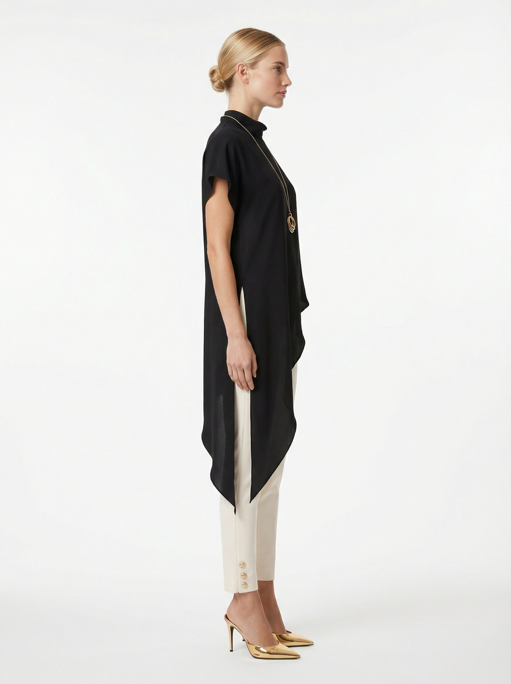 Black Asymmetric Satin Top With Stand Collar