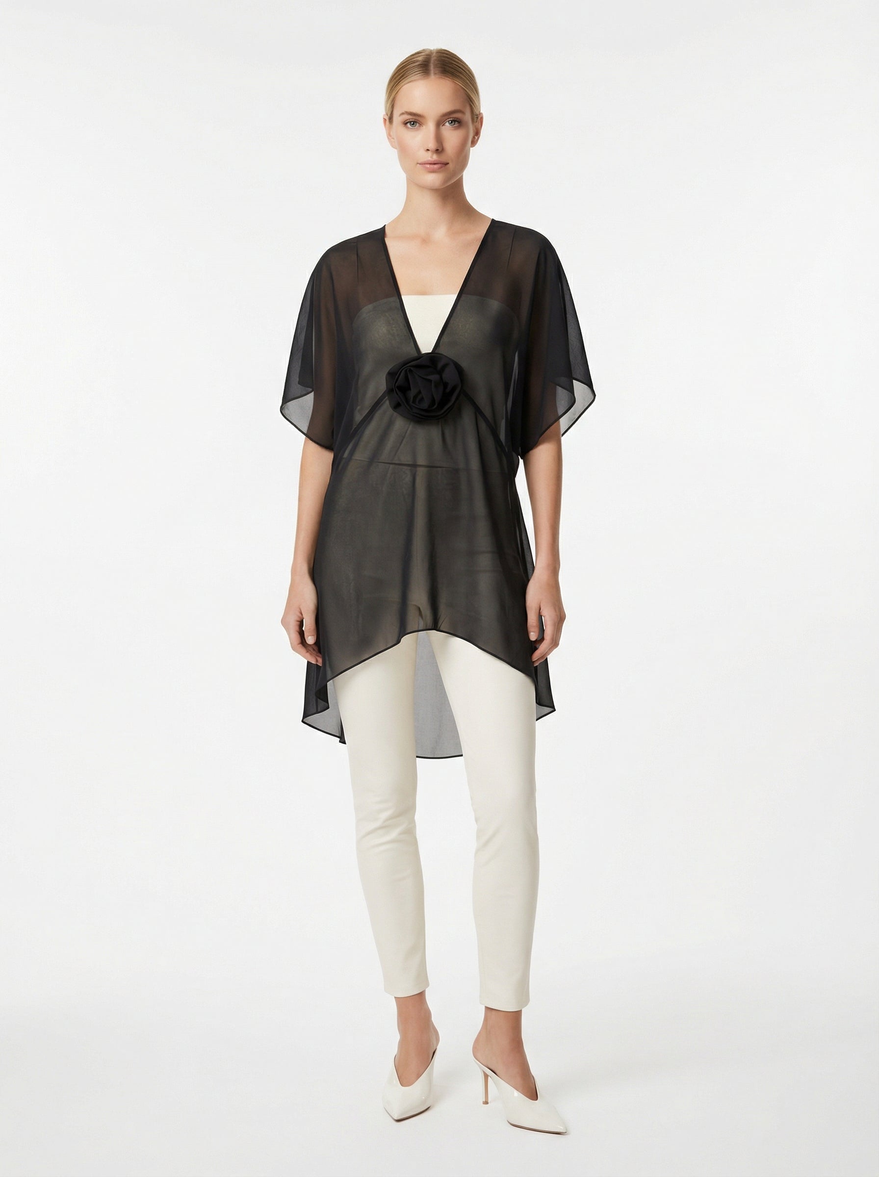 Black Sheer Chiffon High-Low Top With Rosette