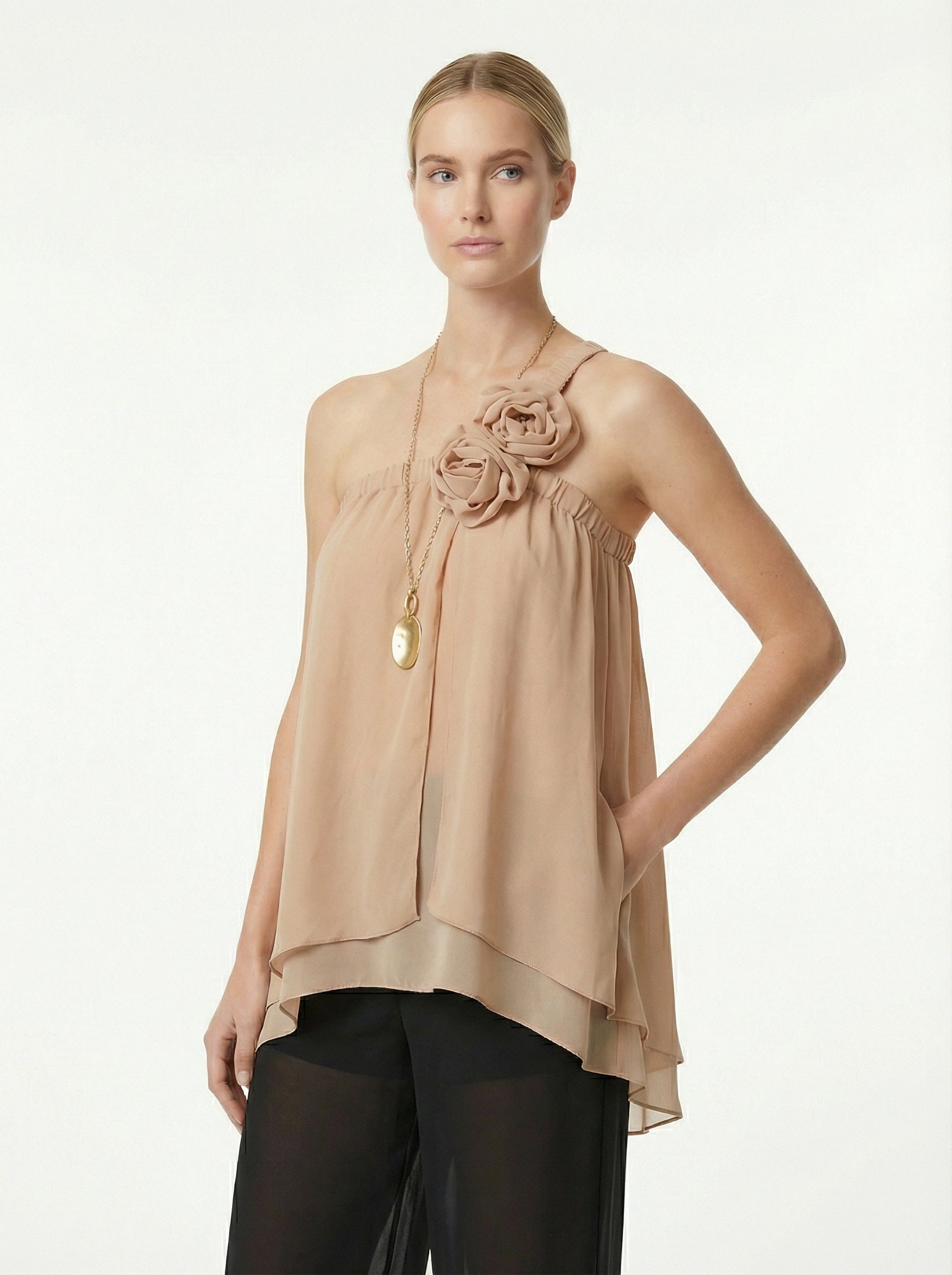 Beige Asymmetric Chiffon One-Shoulder Top With Rosettes