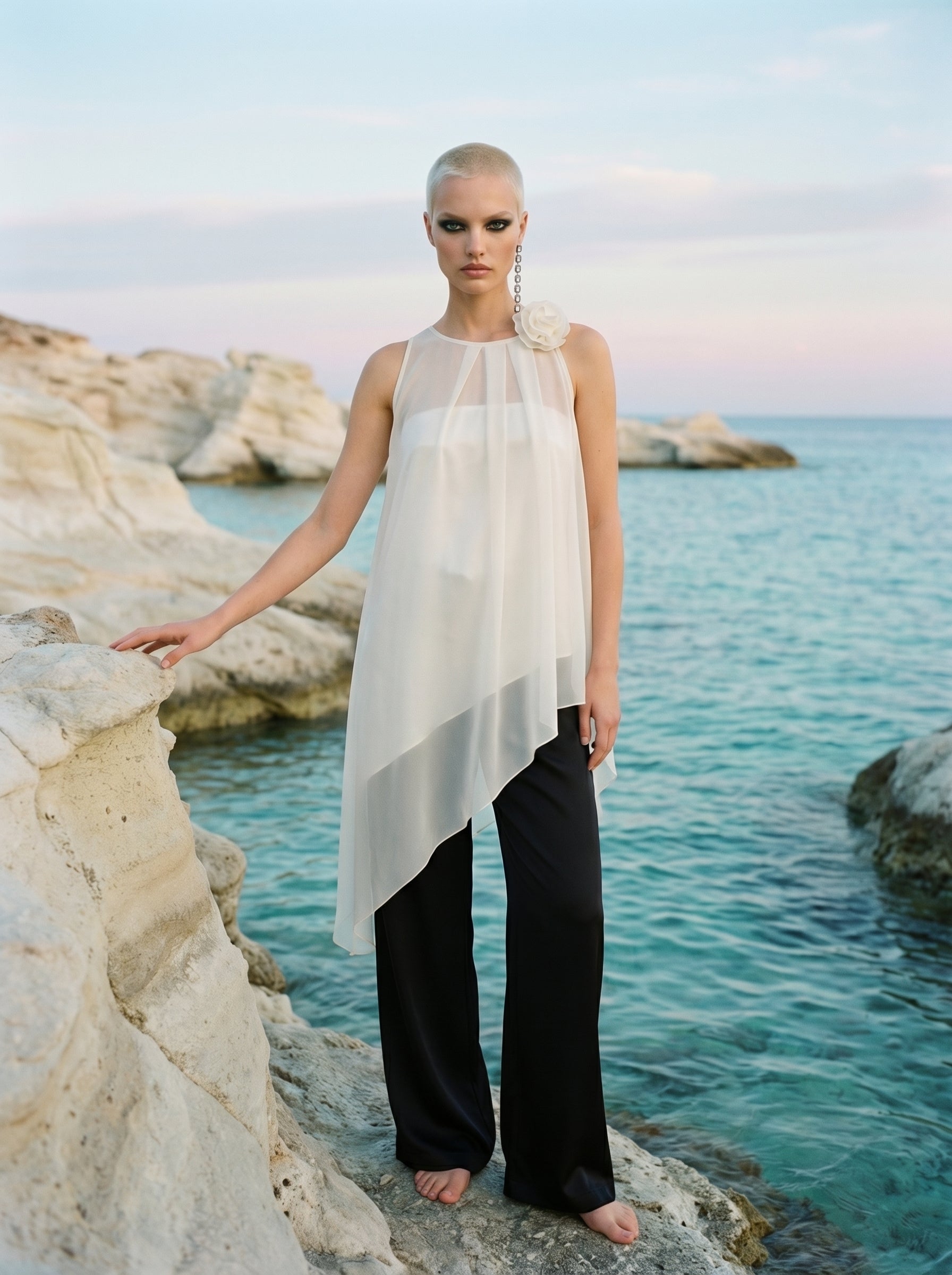 Two-Piece Asymmetrical Satin And Chiffon Top