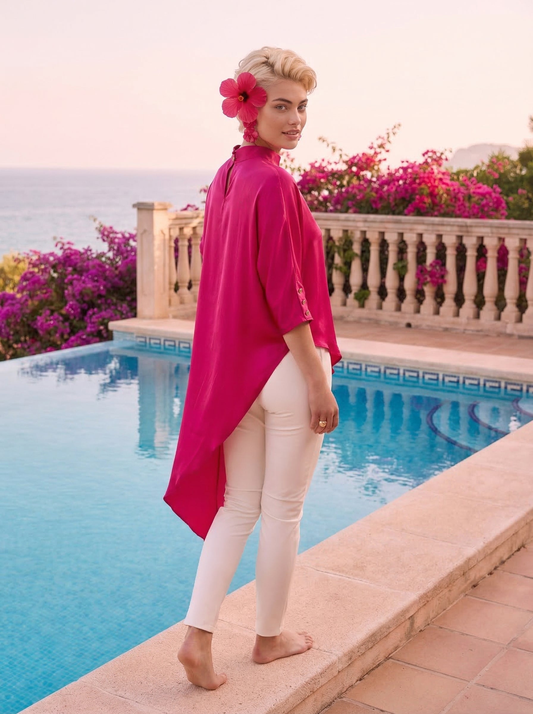 Fuchsia Asymmetric Satin Top With Keyhole Back