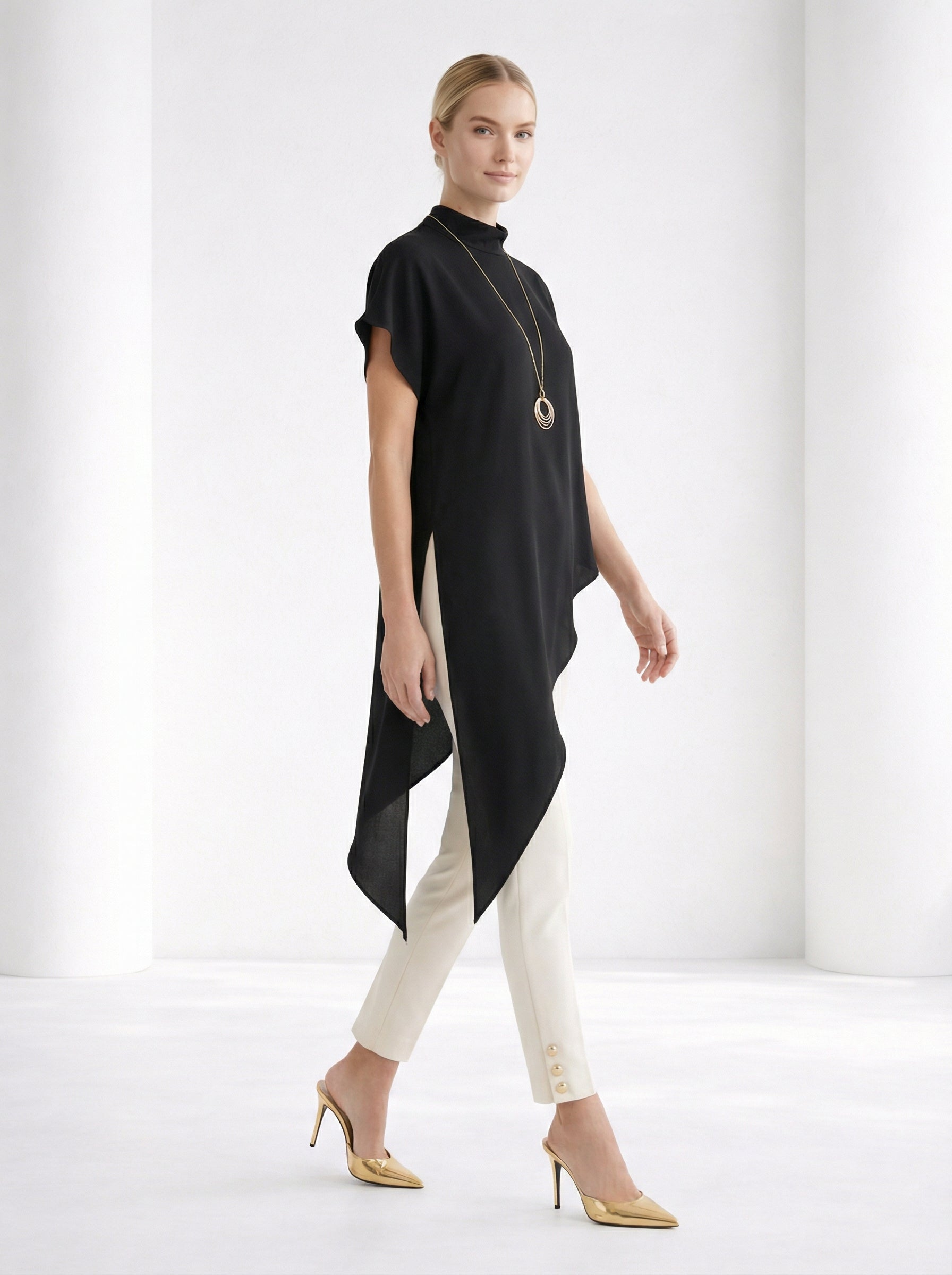 Black Asymmetric Satin Top With Stand Collar
