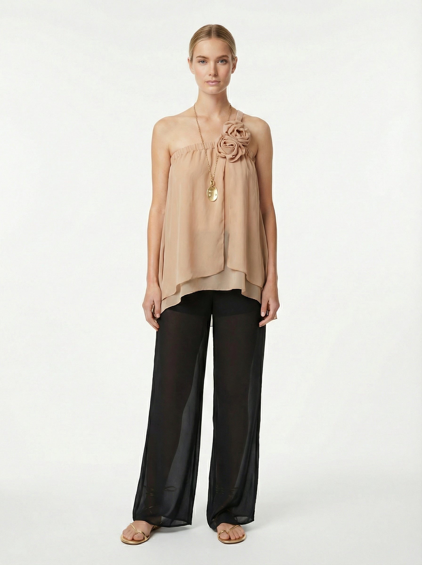Beige Asymmetric Chiffon One-Shoulder Top With Rosettes