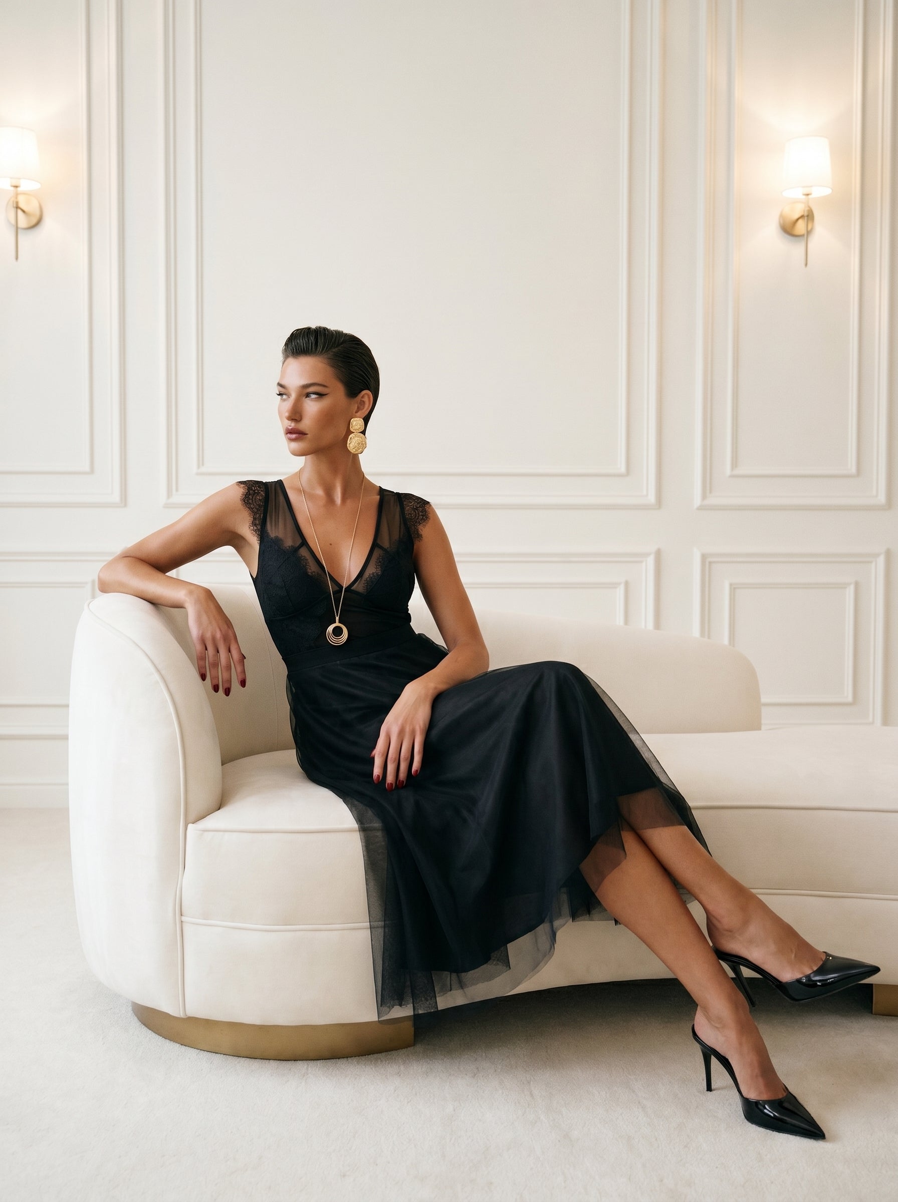 Black Lace V-Neck Midi Dress With Tulle Skirt