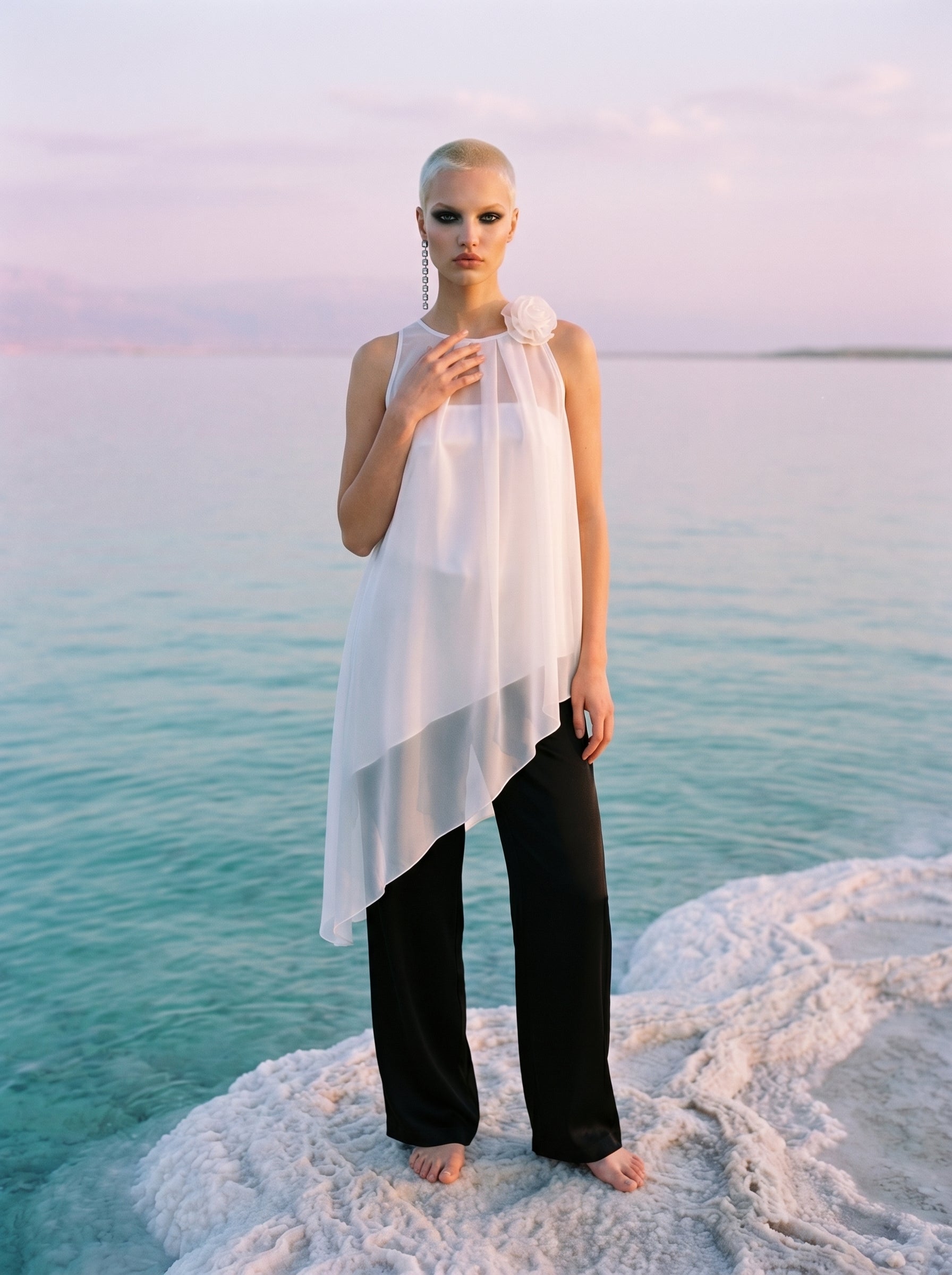 Two-Piece Asymmetrical Satin And Chiffon Top