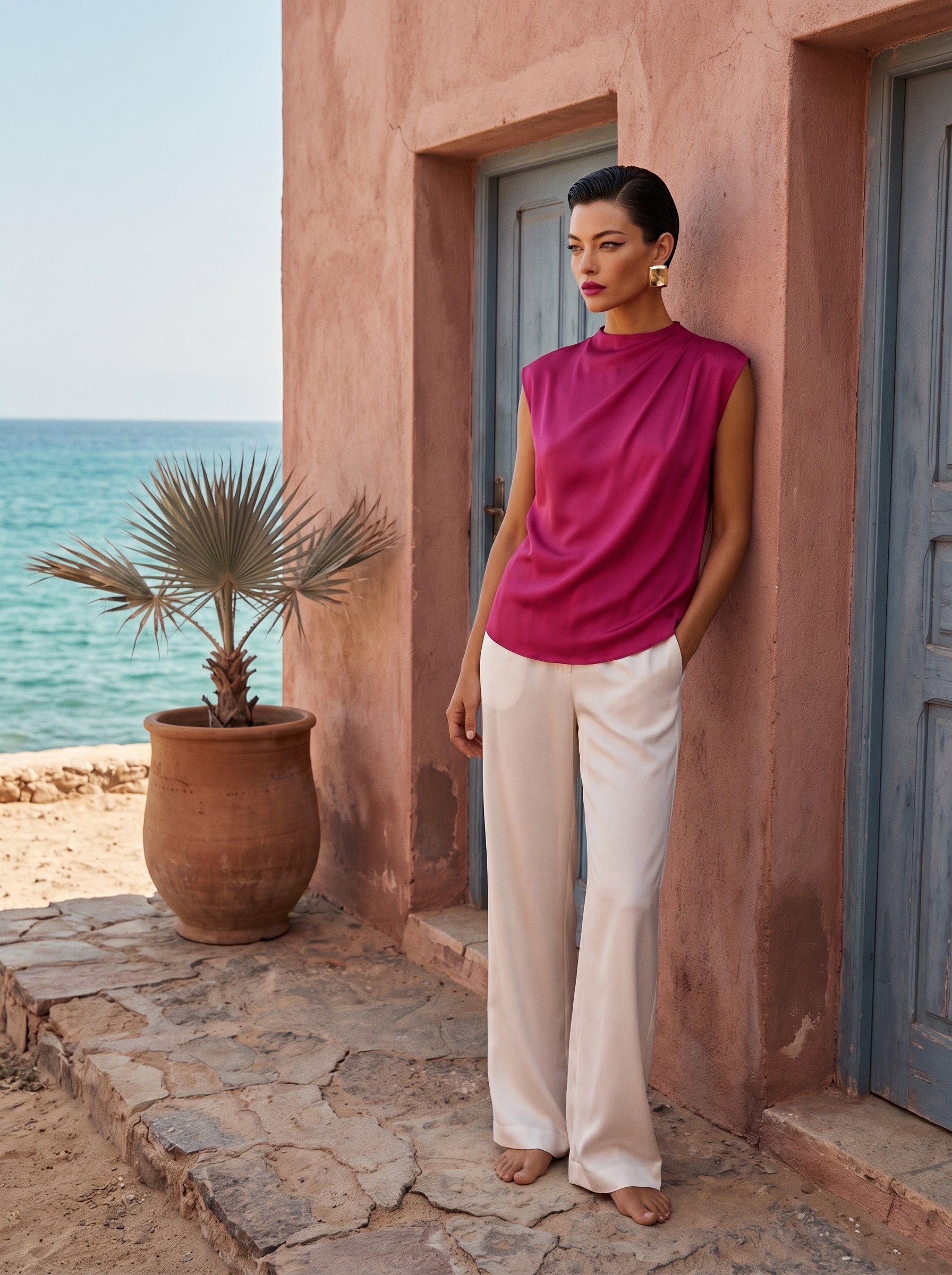 Satin Top With Elegant Shoulder Draping