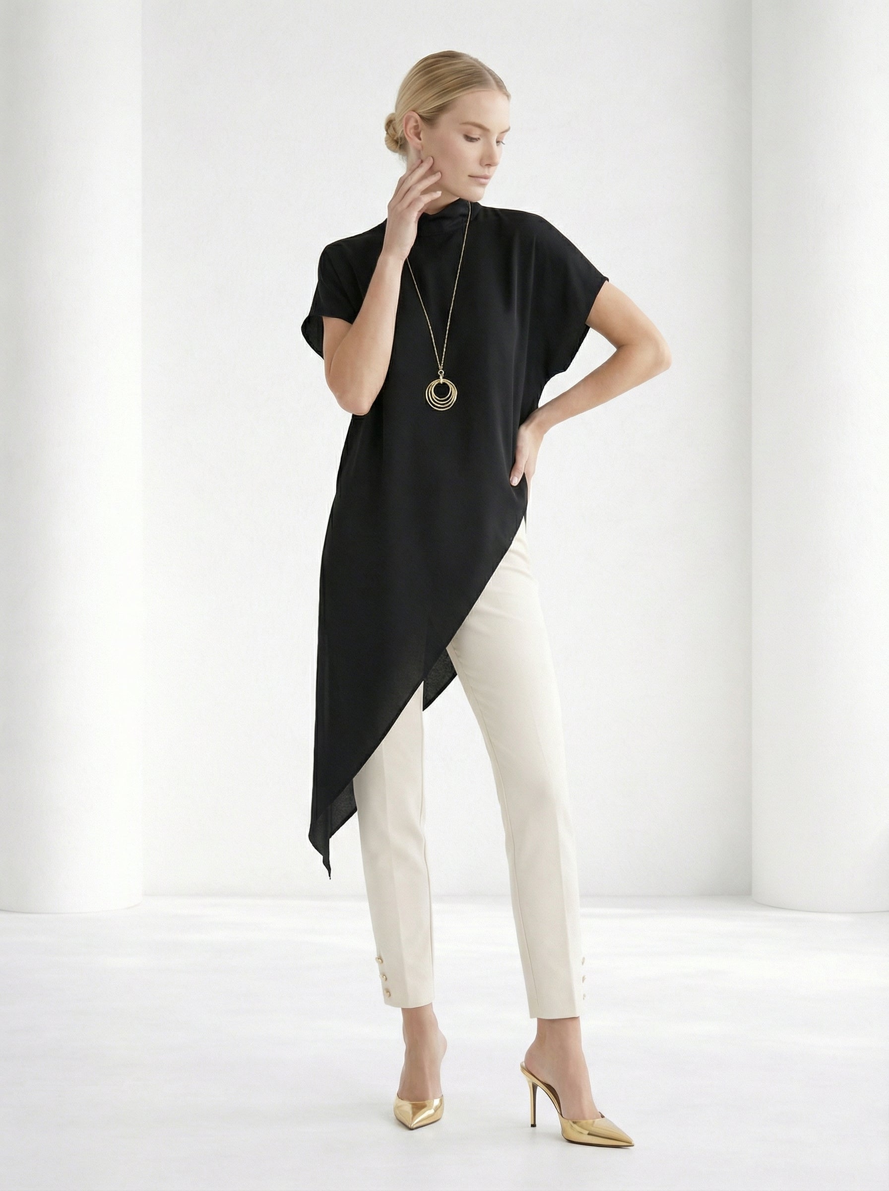 Black Asymmetric Satin Top With Stand Collar
