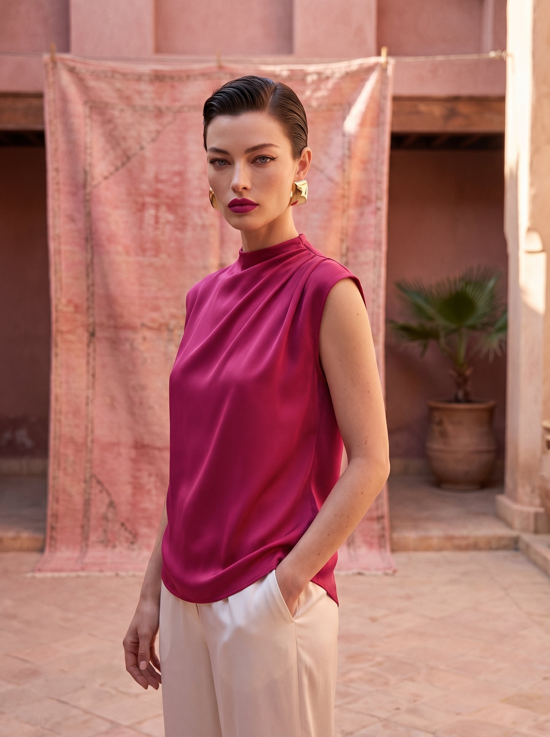 Satin Top With Elegant Shoulder Draping