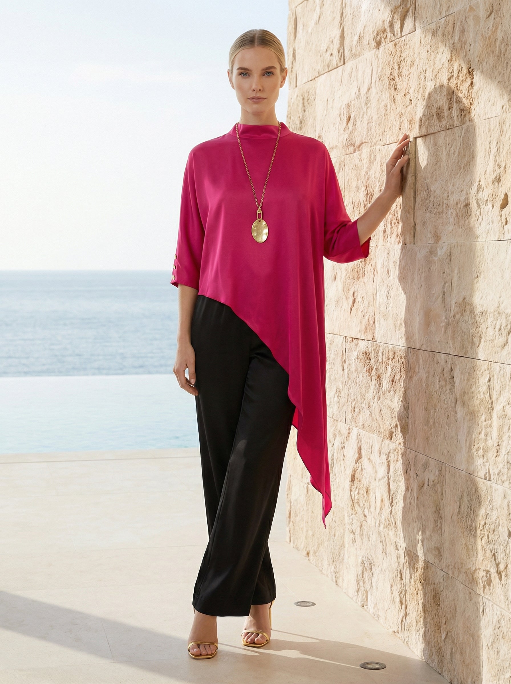 Fuchsia Asymmetric Satin Top With Keyhole Back