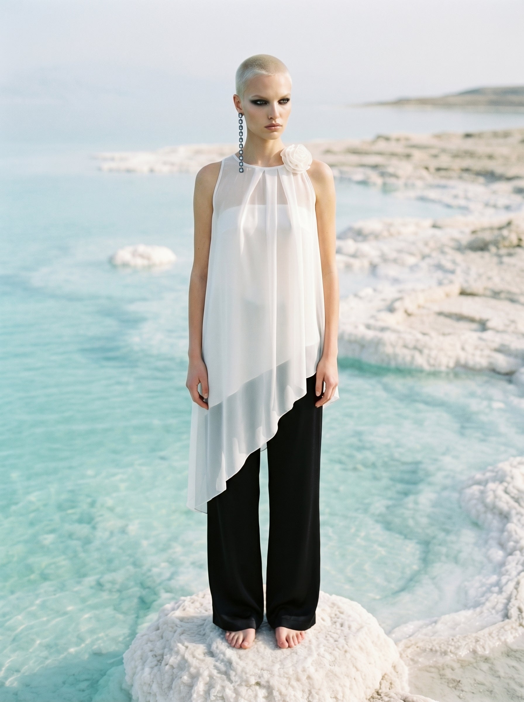 Two-Piece Asymmetrical Satin And Chiffon Top