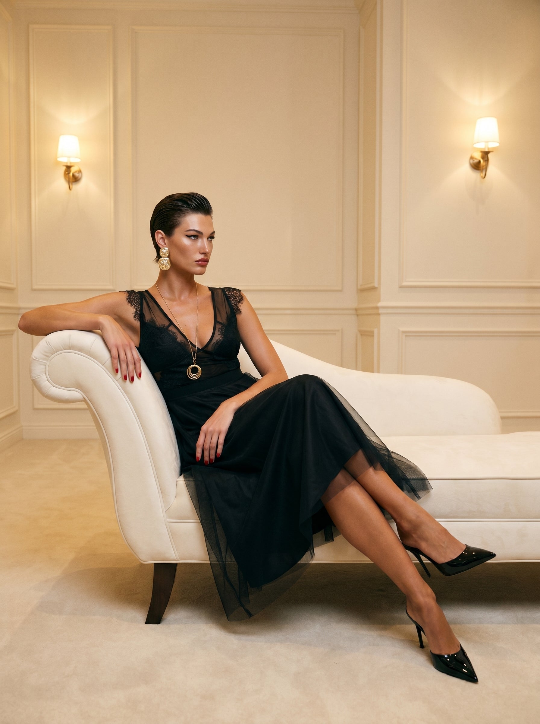 Black Lace V-Neck Midi Dress With Tulle Skirt