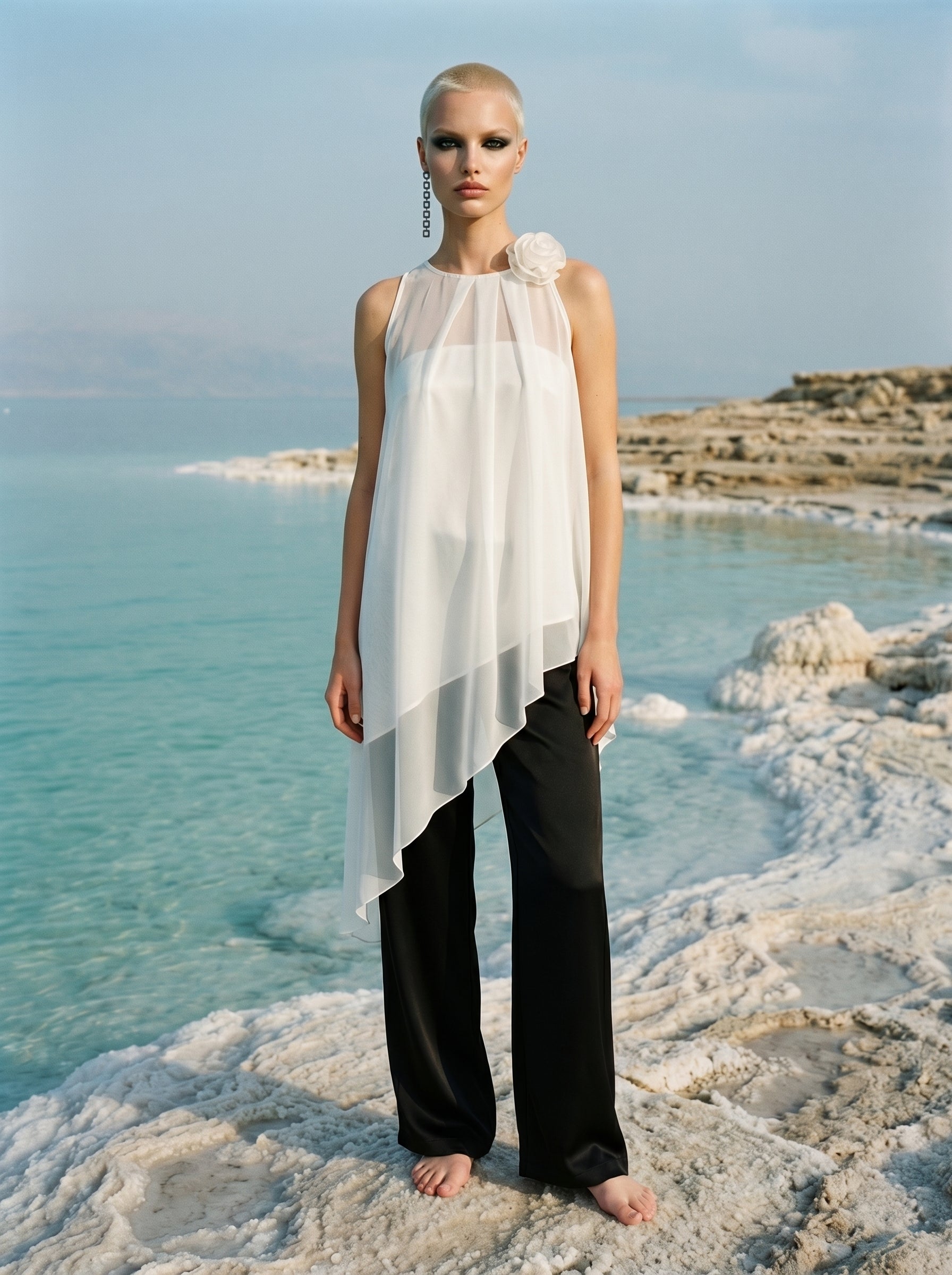 Two-Piece Asymmetrical Satin And Chiffon Top
