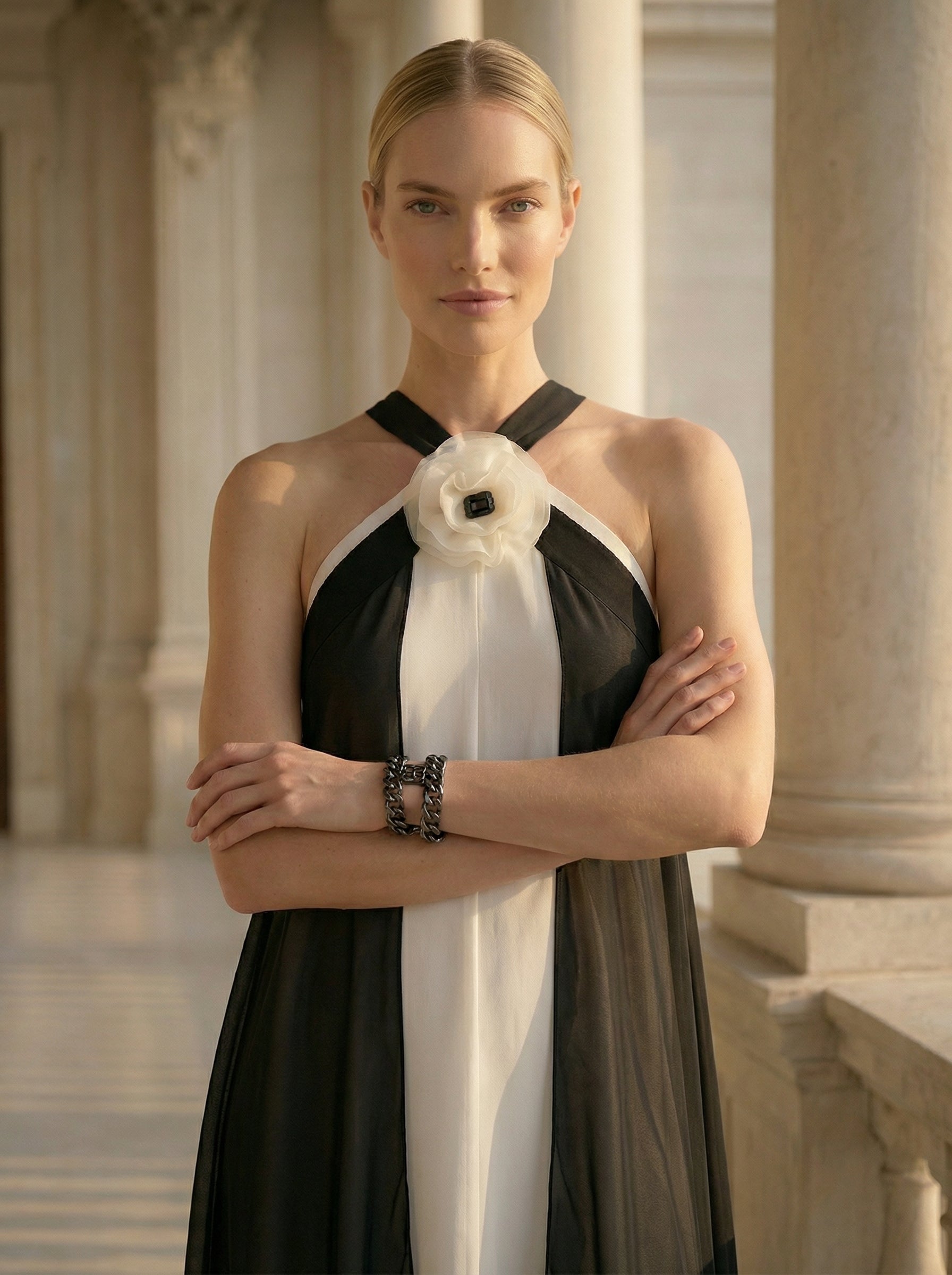 Transformable Halter Chiffon Dress With Removable Overlay