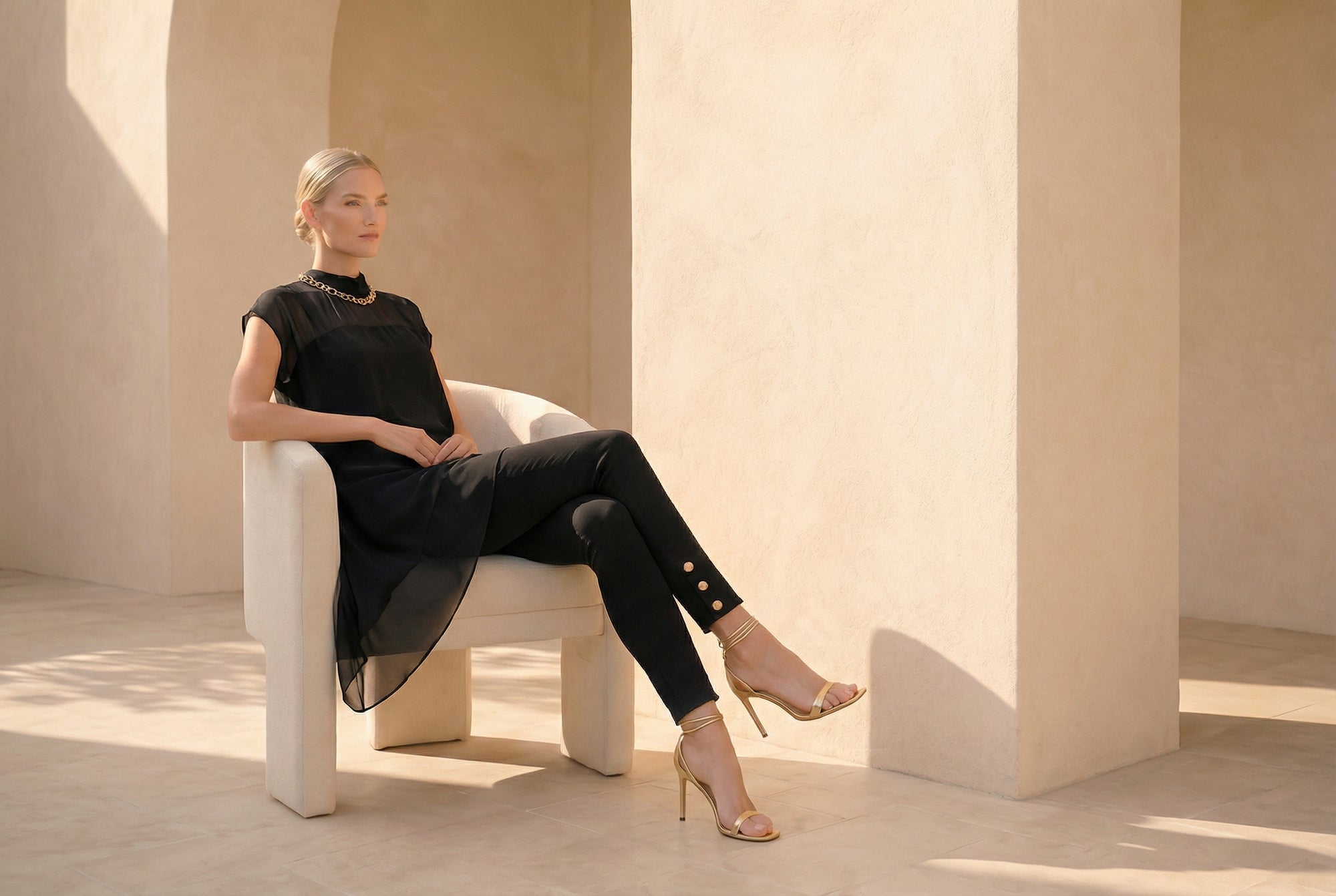 Black Asymmetric Satin Top With Sheer Chiffon Yoke