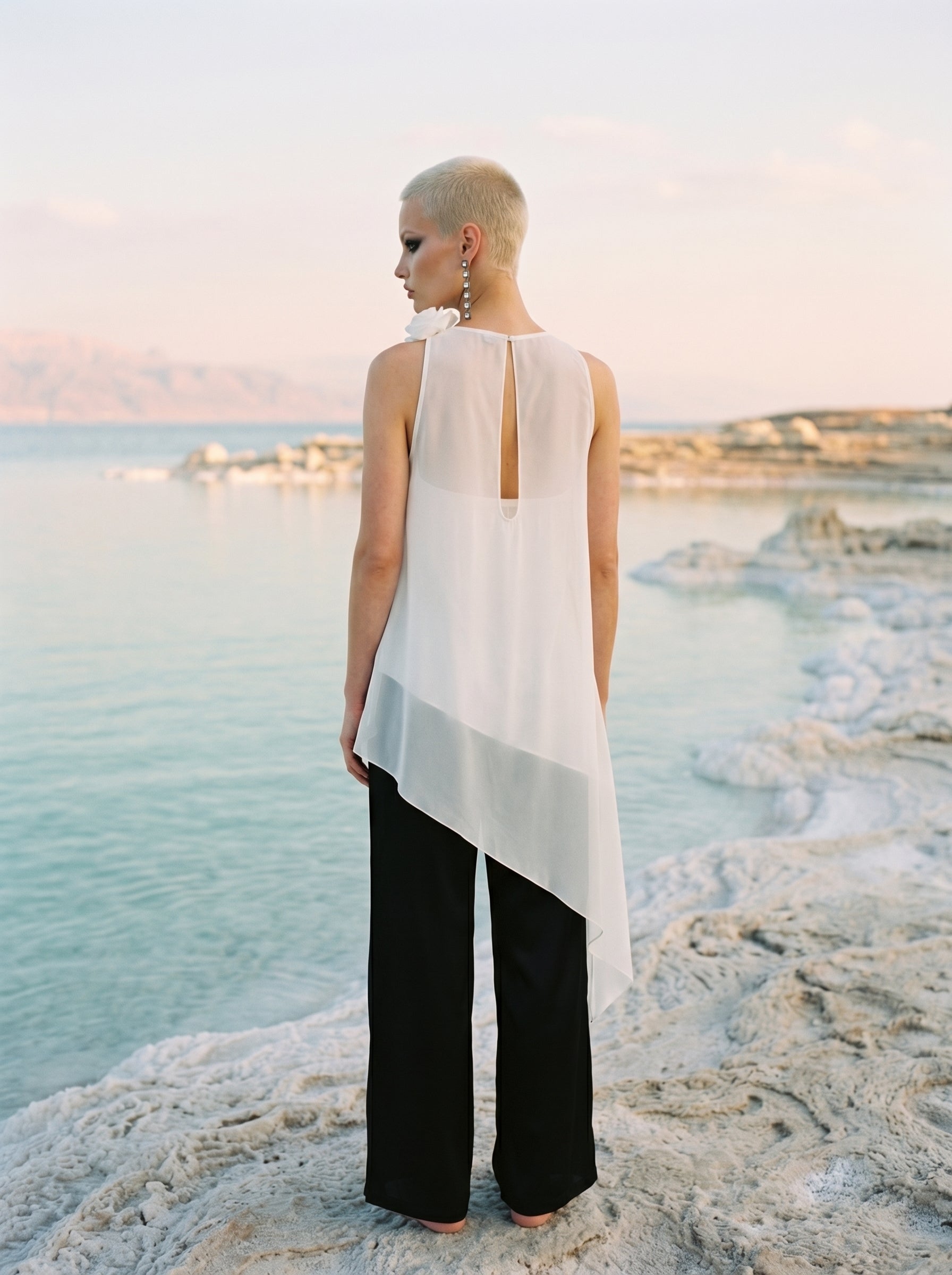 Two-Piece Asymmetrical Satin And Chiffon Top