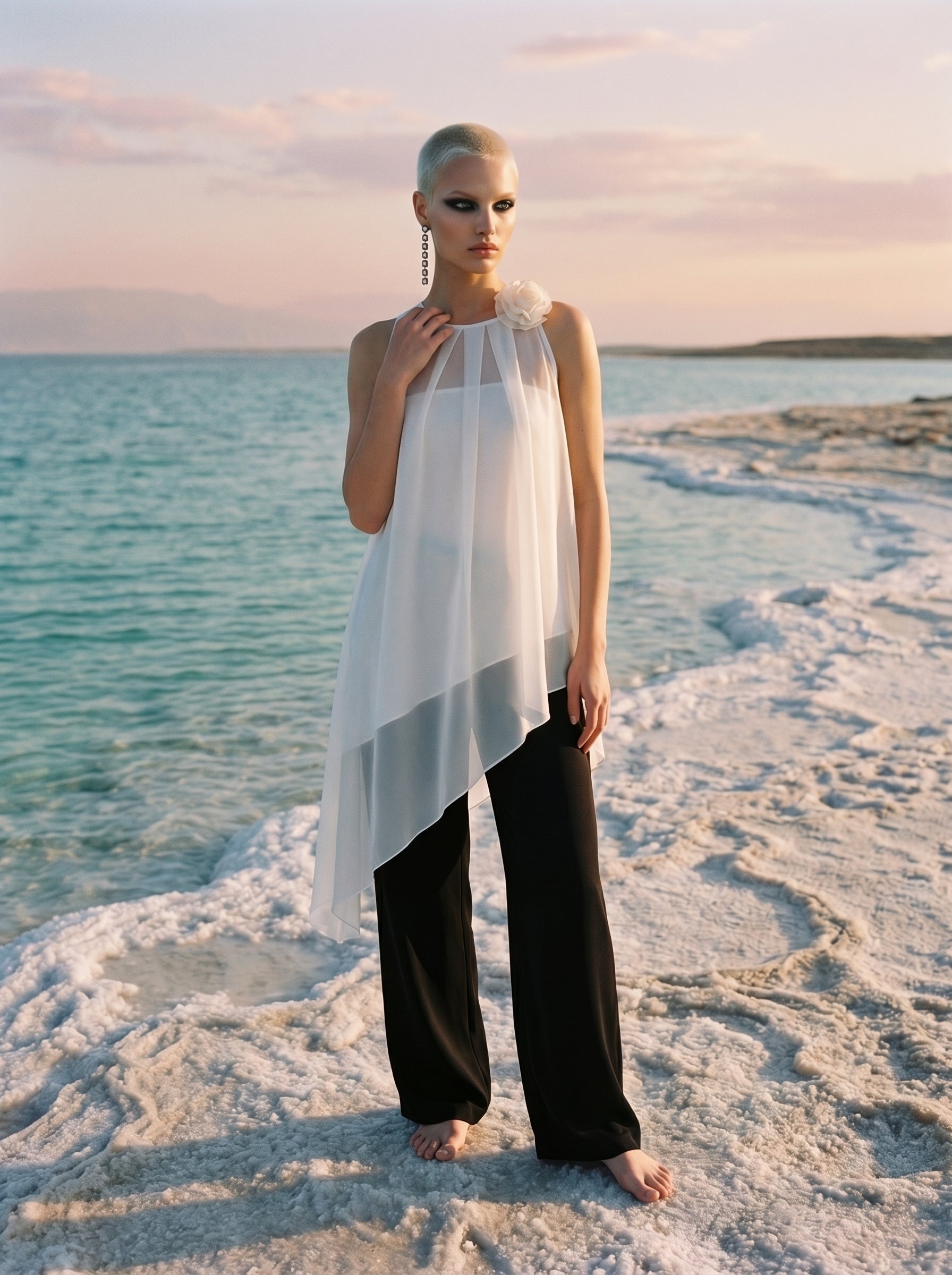 Two-Piece Asymmetrical Satin And Chiffon Top