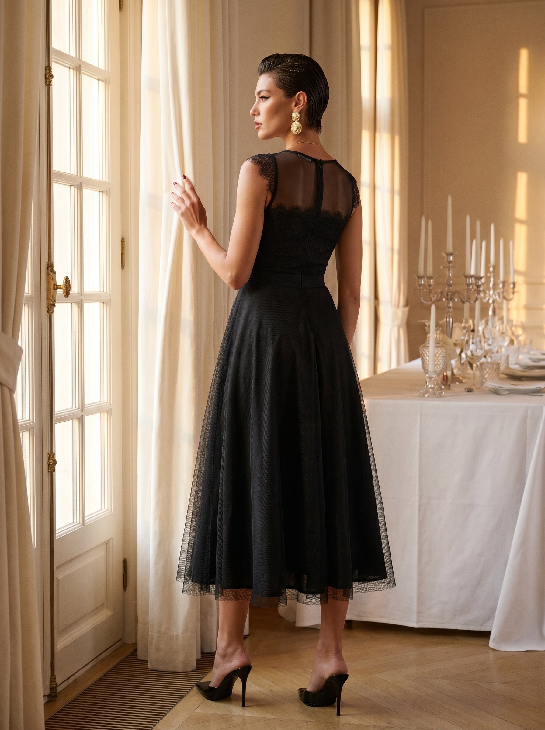 Black Lace V-Neck Midi Dress With Tulle Skirt