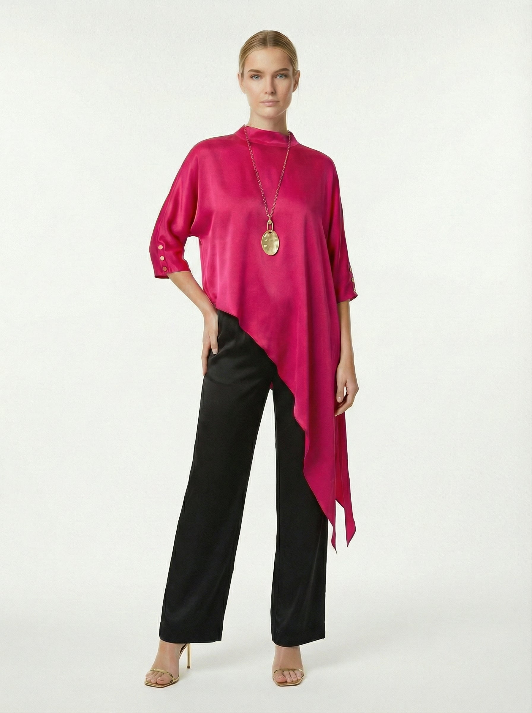 Fuchsia Asymmetric Satin Top With Keyhole Back